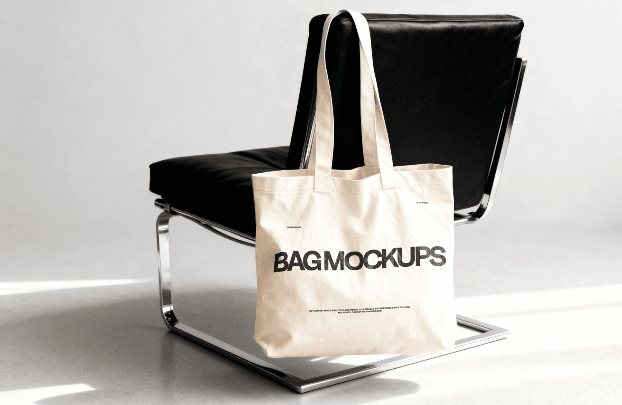 Canvas tote bag mockup placed on modern chair with editable logo design