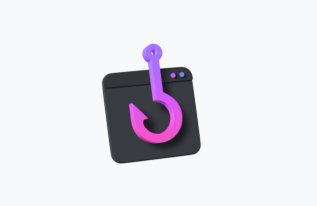 Free 3D illustration of a browser window with a pink and purple hook icon, symbolizing phishing or security alert