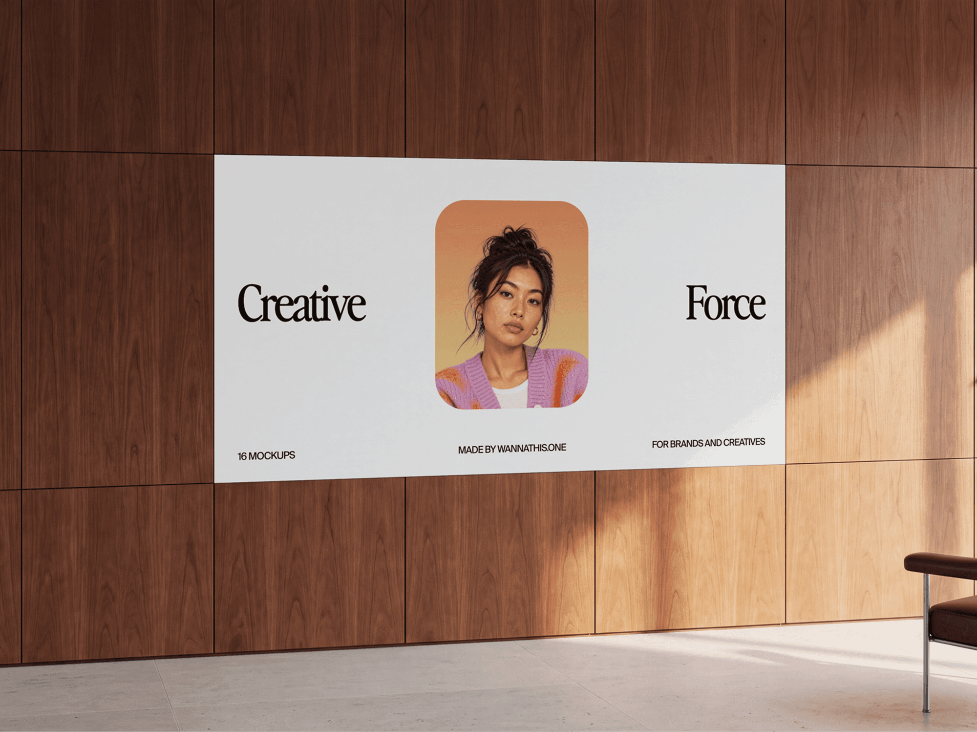 Wide billboard on a wooden interior wall lit by strong direct sunlight