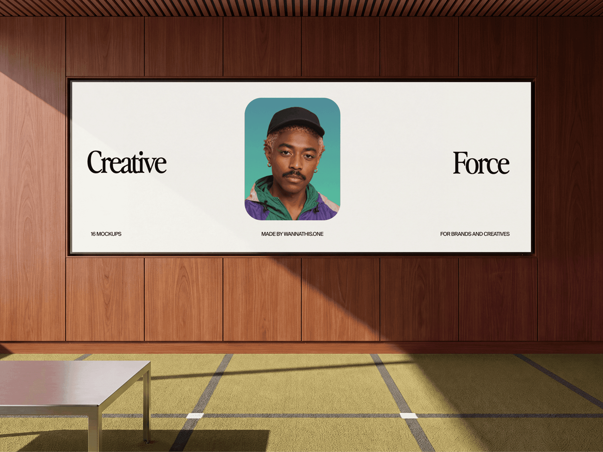 Wide billboard on a wooden interior wall with cast shadows falling across it