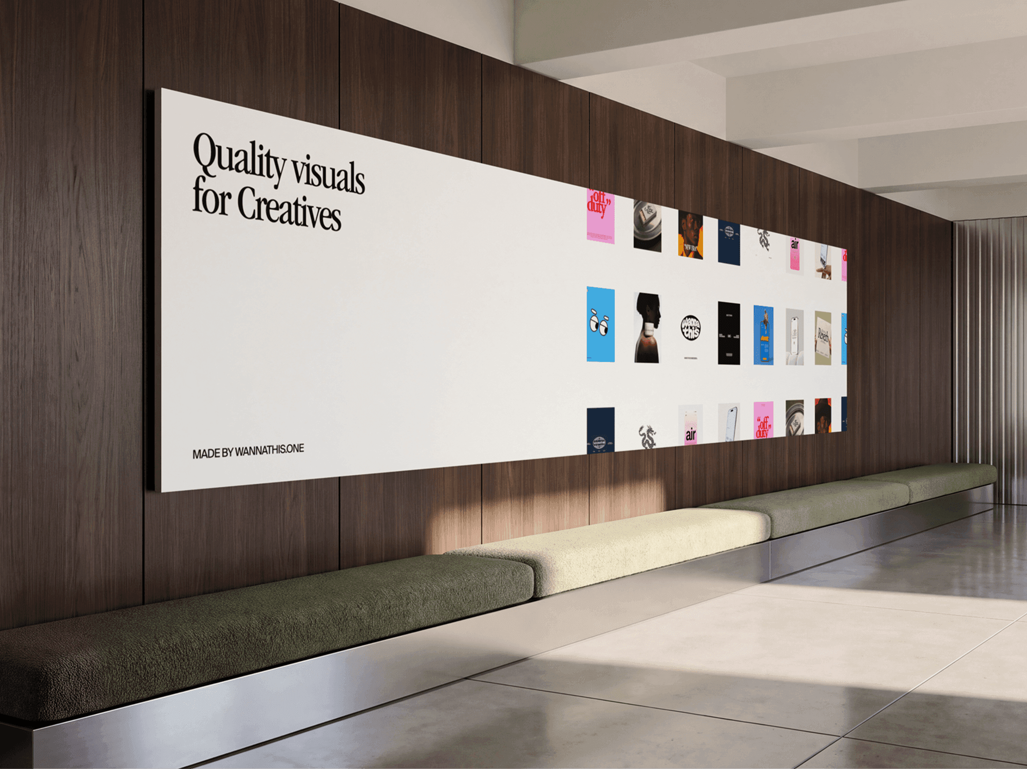 Long panoramic billboard running above a bench along an indoor hallway