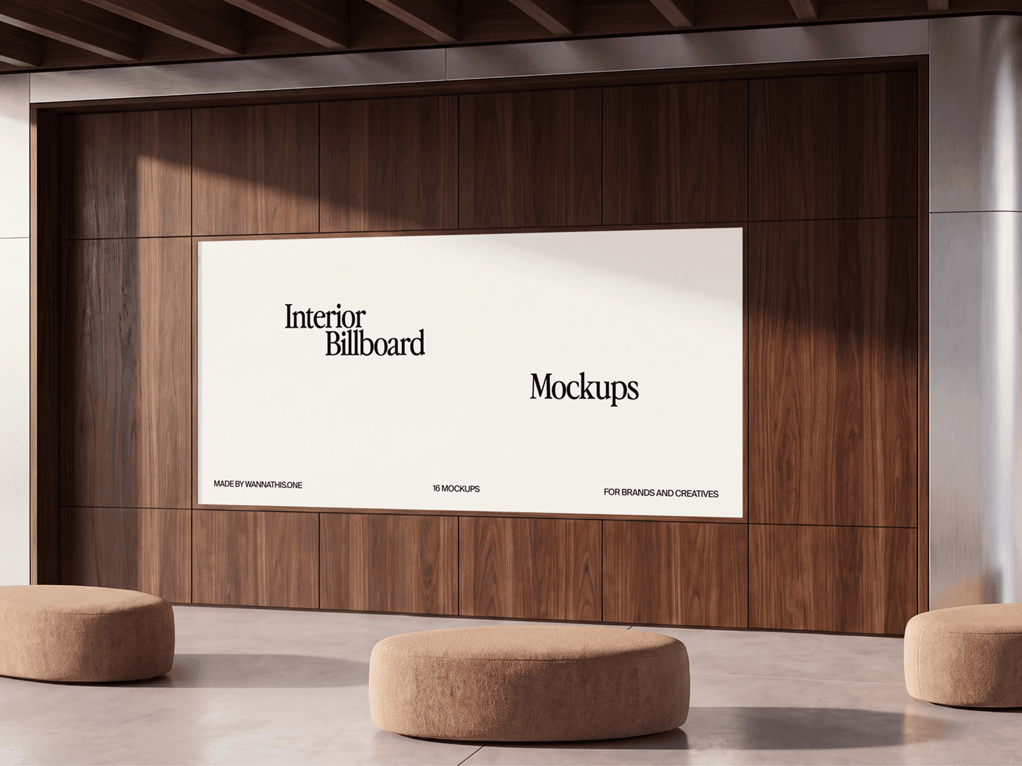Wide billboard mounted on a wooden wall in an indoor lounge with seating