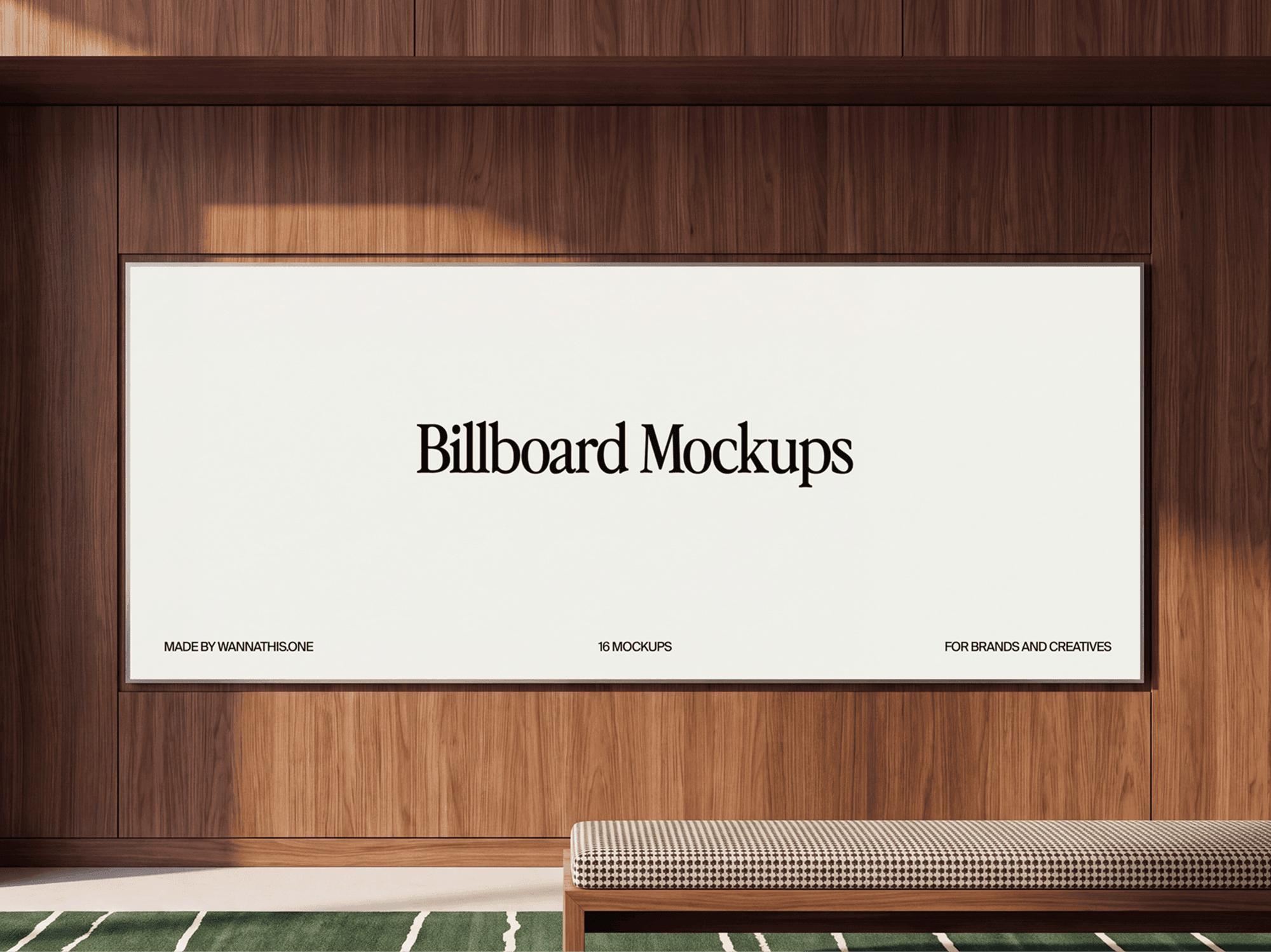 Wide billboard mounted on a wooden wall directly above a low bench