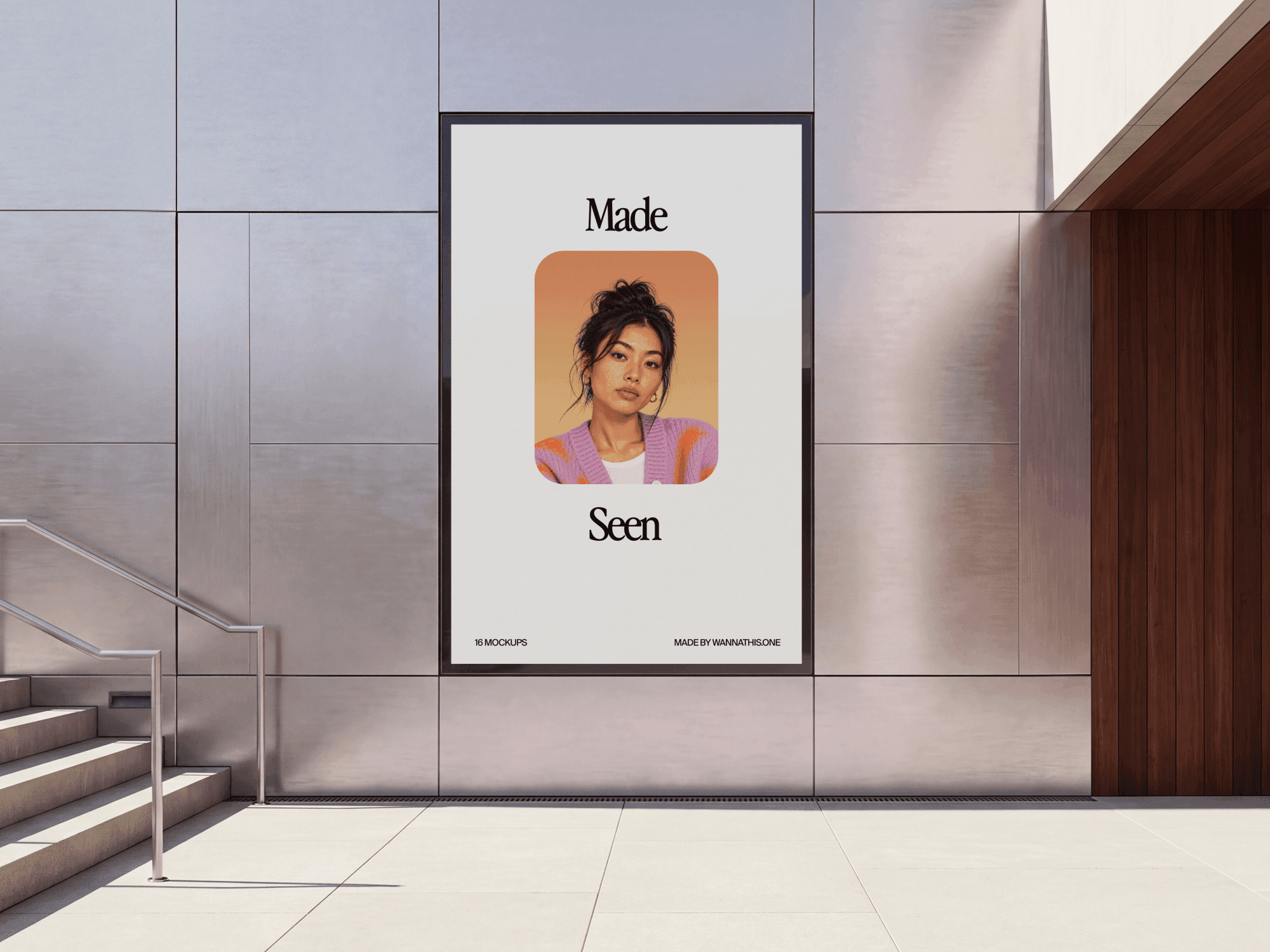 Tall vertical billboard mounted on an indoor wall beside a staircase