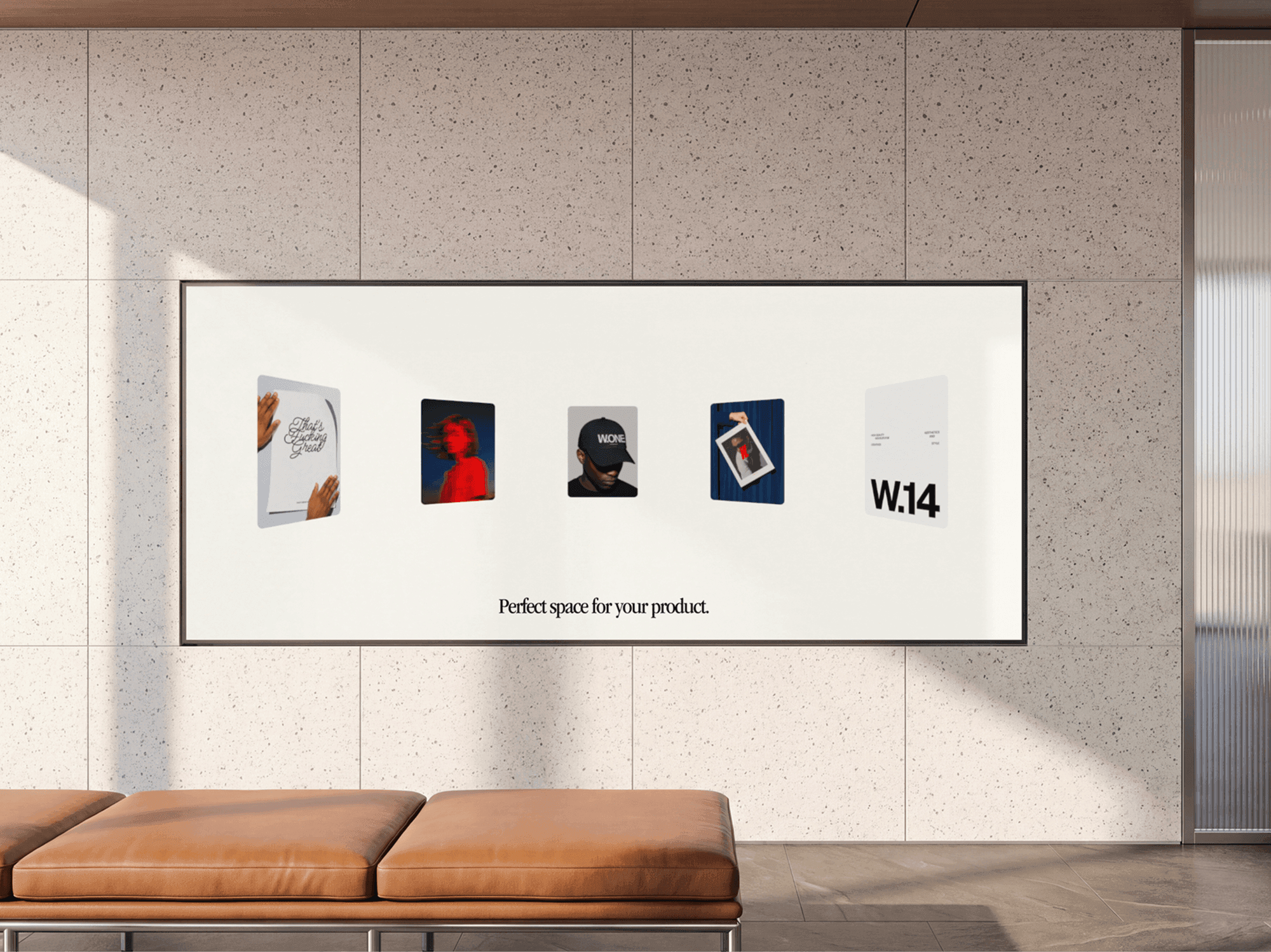 Wide billboard mounted on an interior wall above an upholstered lounge bench
