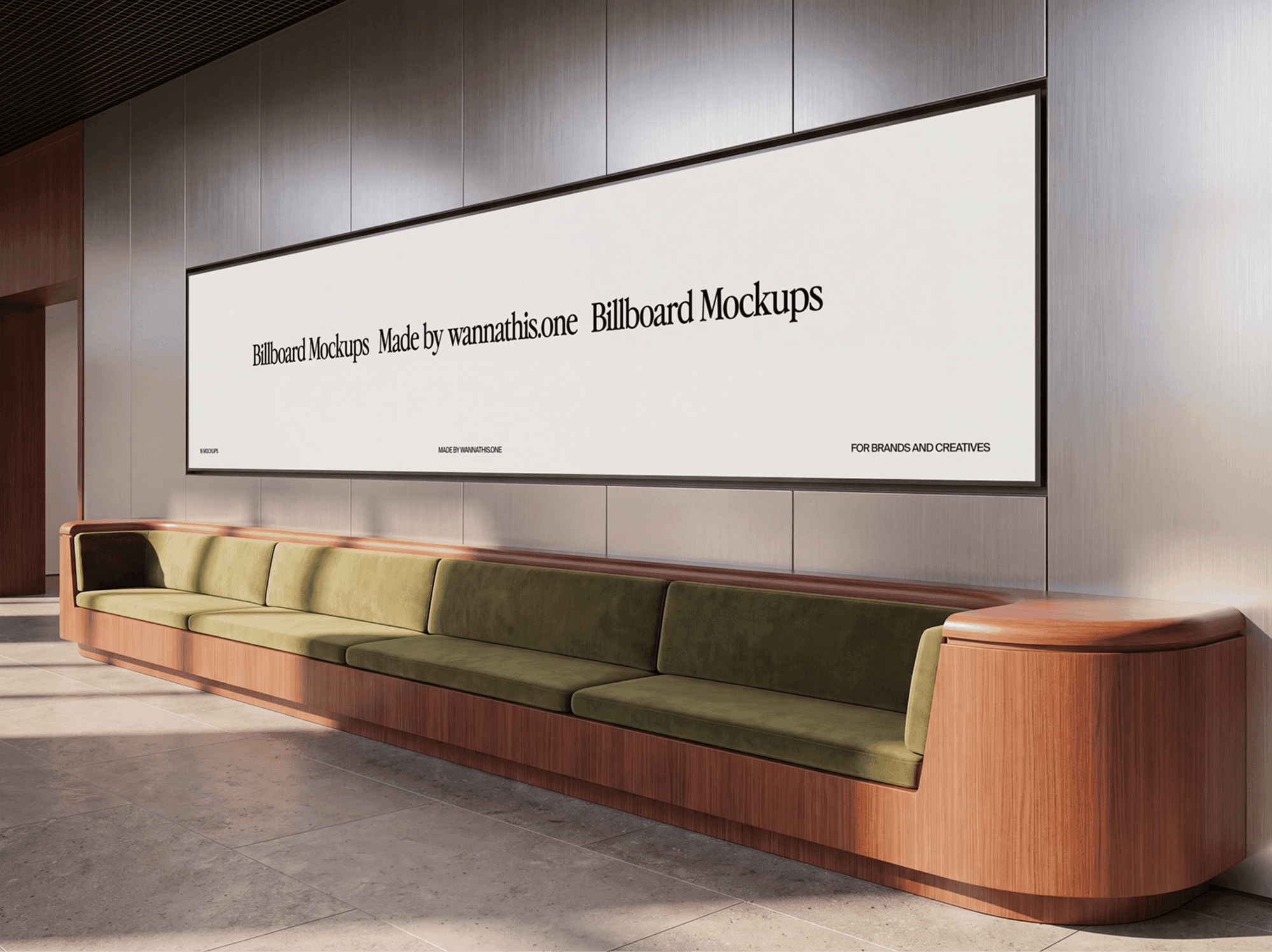 Long panoramic billboard mounted above a low sofa in an indoor public space