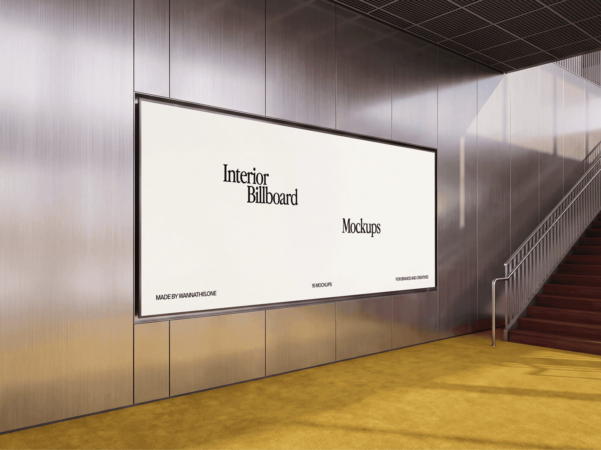 Large billboard mounted on an indoor wall beside a staircase in an open space