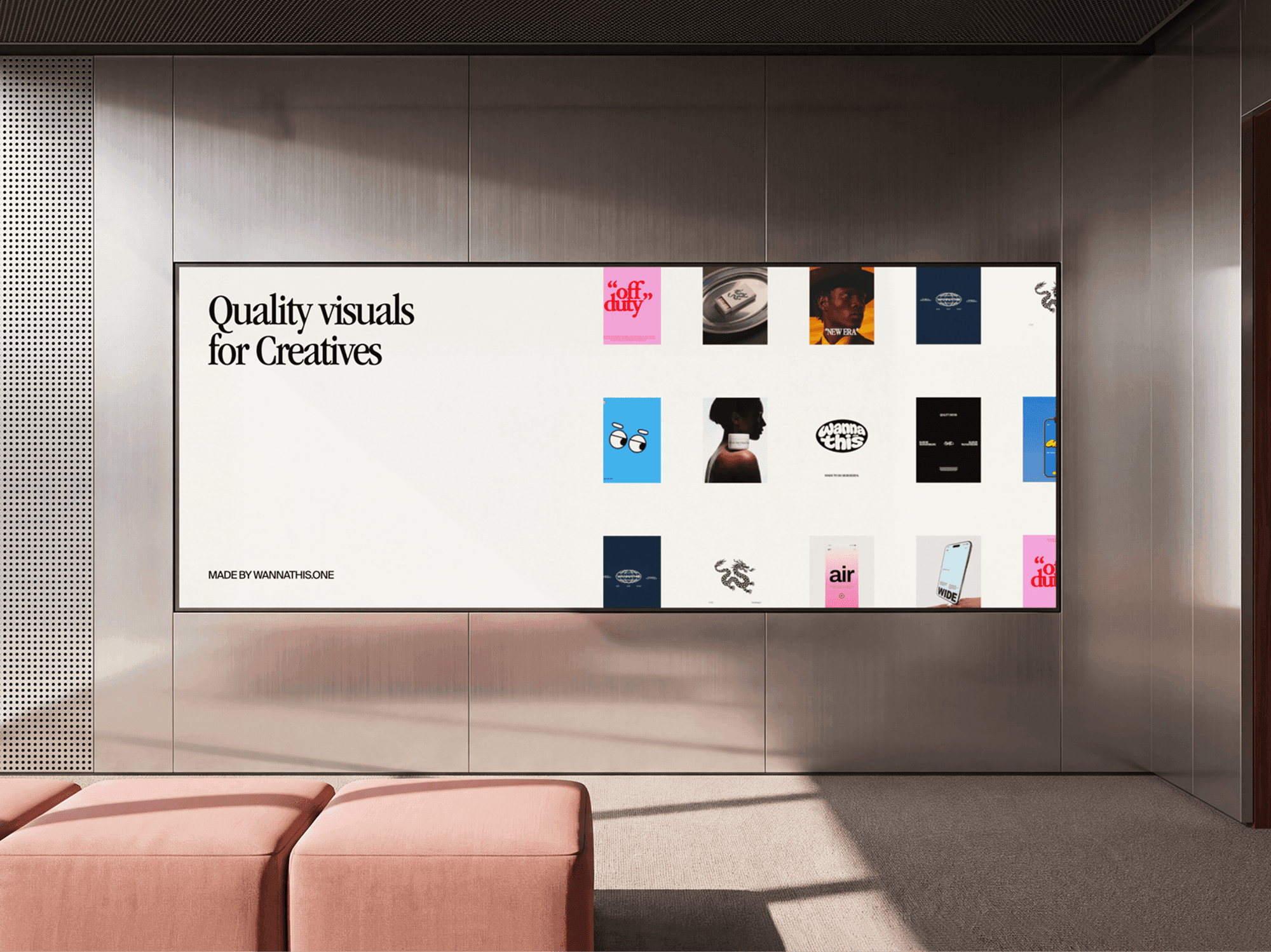 Wide billboard mounted on an indoor wall in a seating area with soft chairs