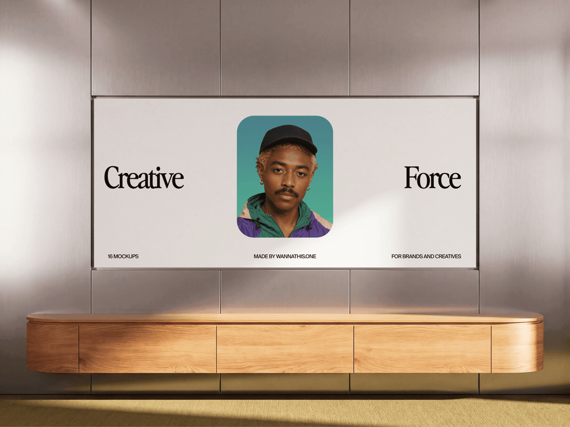 Wide billboard mounted on an indoor wall above a plain wooden bench