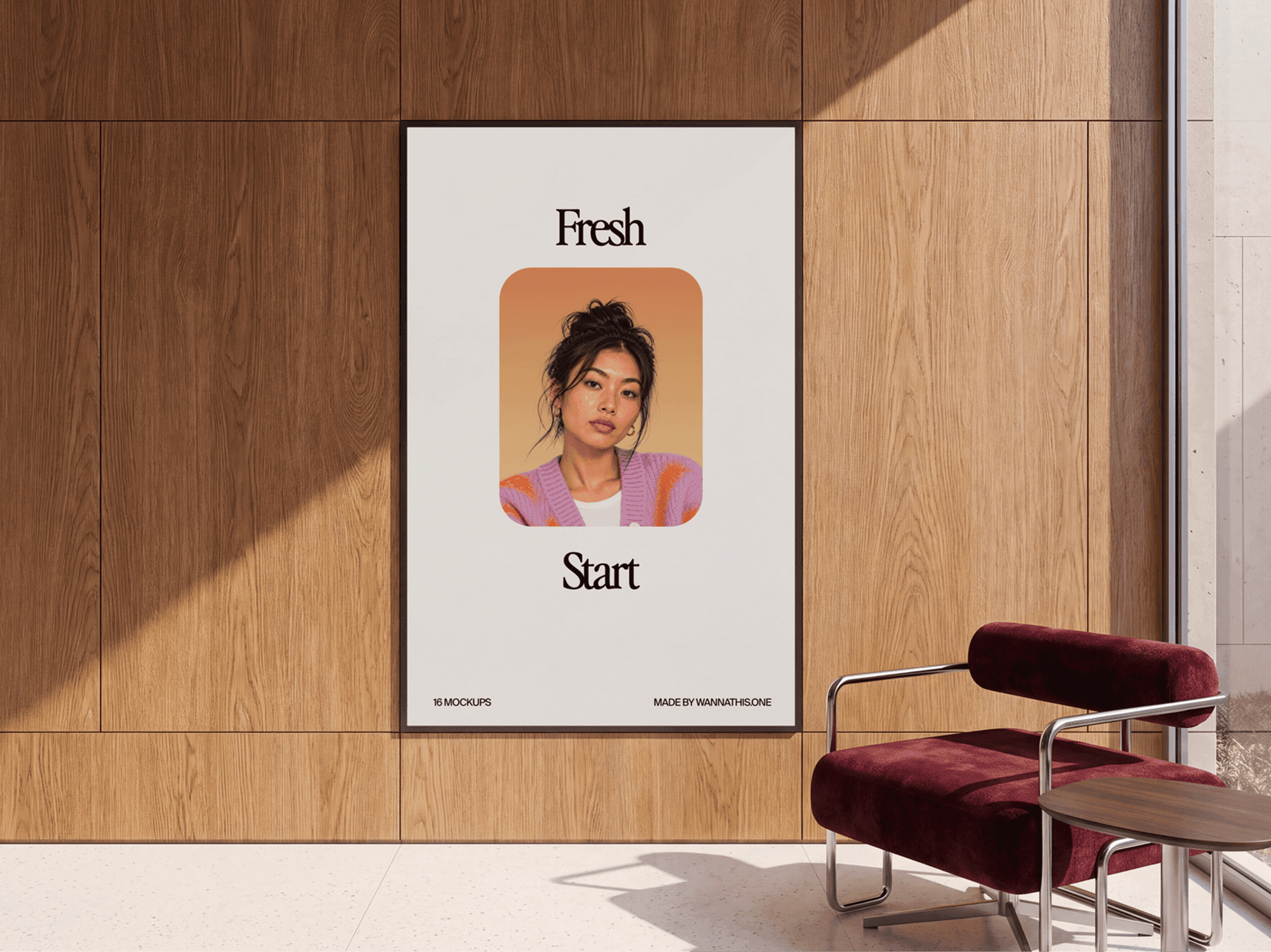 Tall vertical billboard mounted on a wooden interior wall beside a lounge chair
