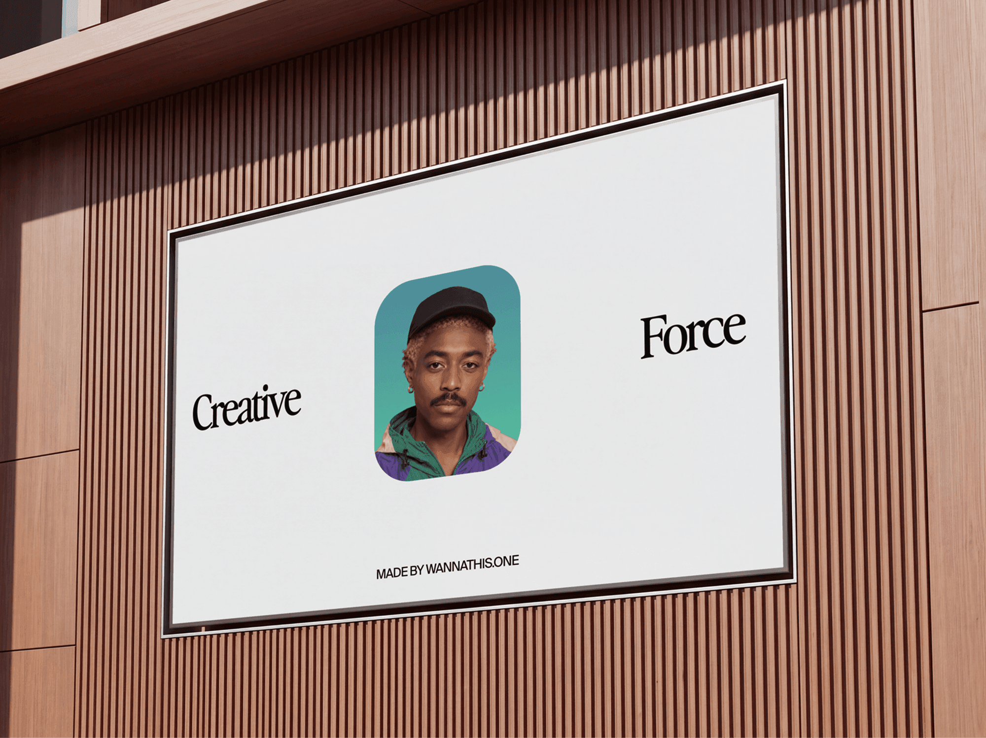 Wide billboard mounted flat across a panelled wooden interior wall