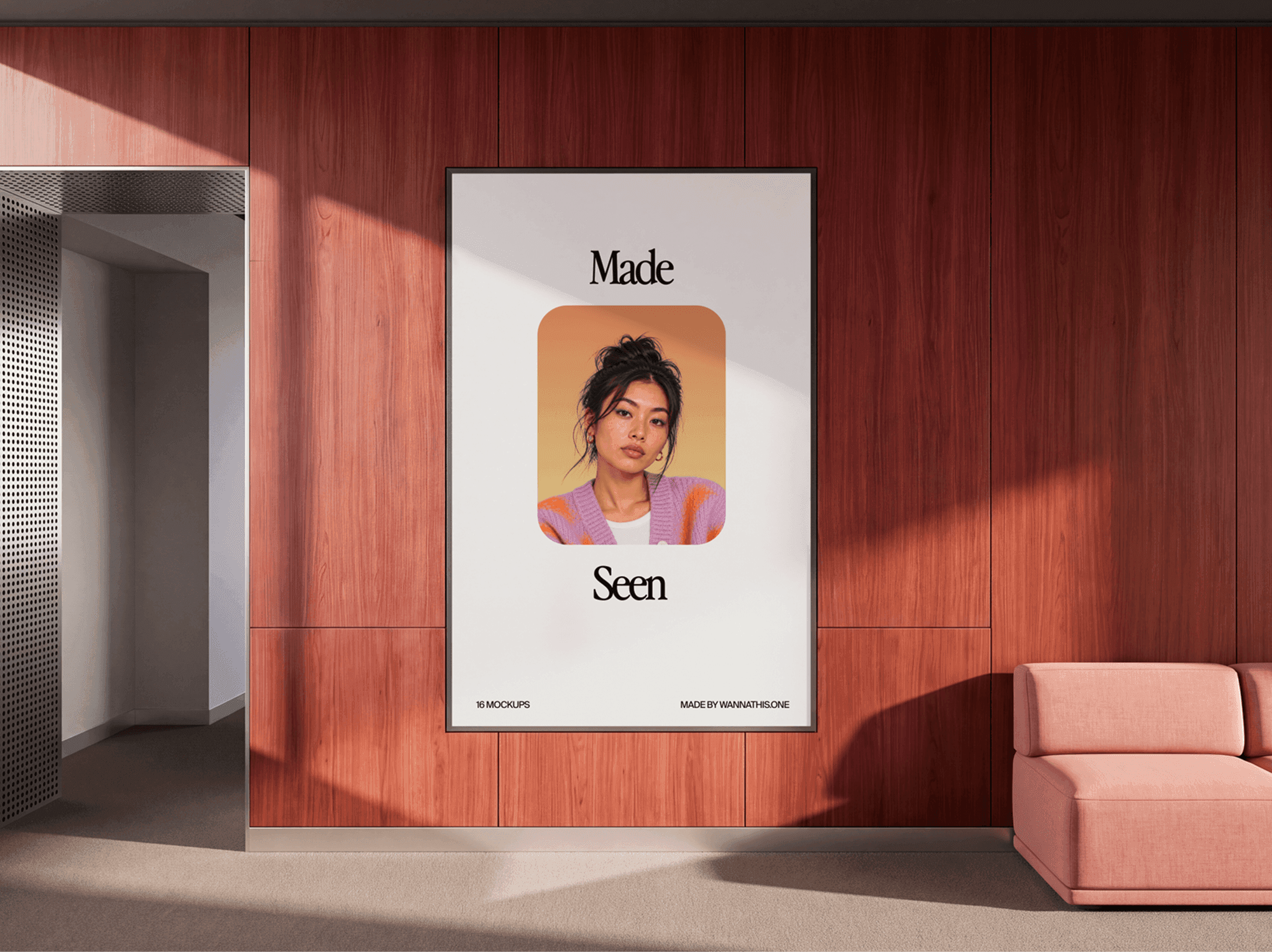 Tall vertical billboard on a wooden interior wall beside a sofa in daylight