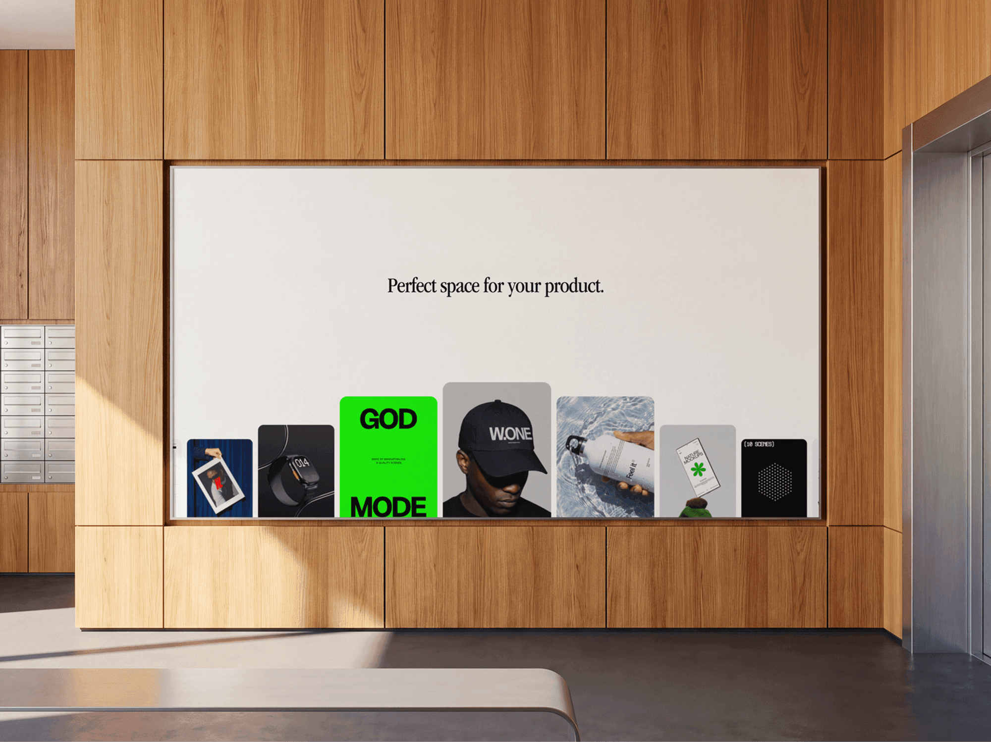 Large billboard recessed into a wooden wall in a wide indoor hall