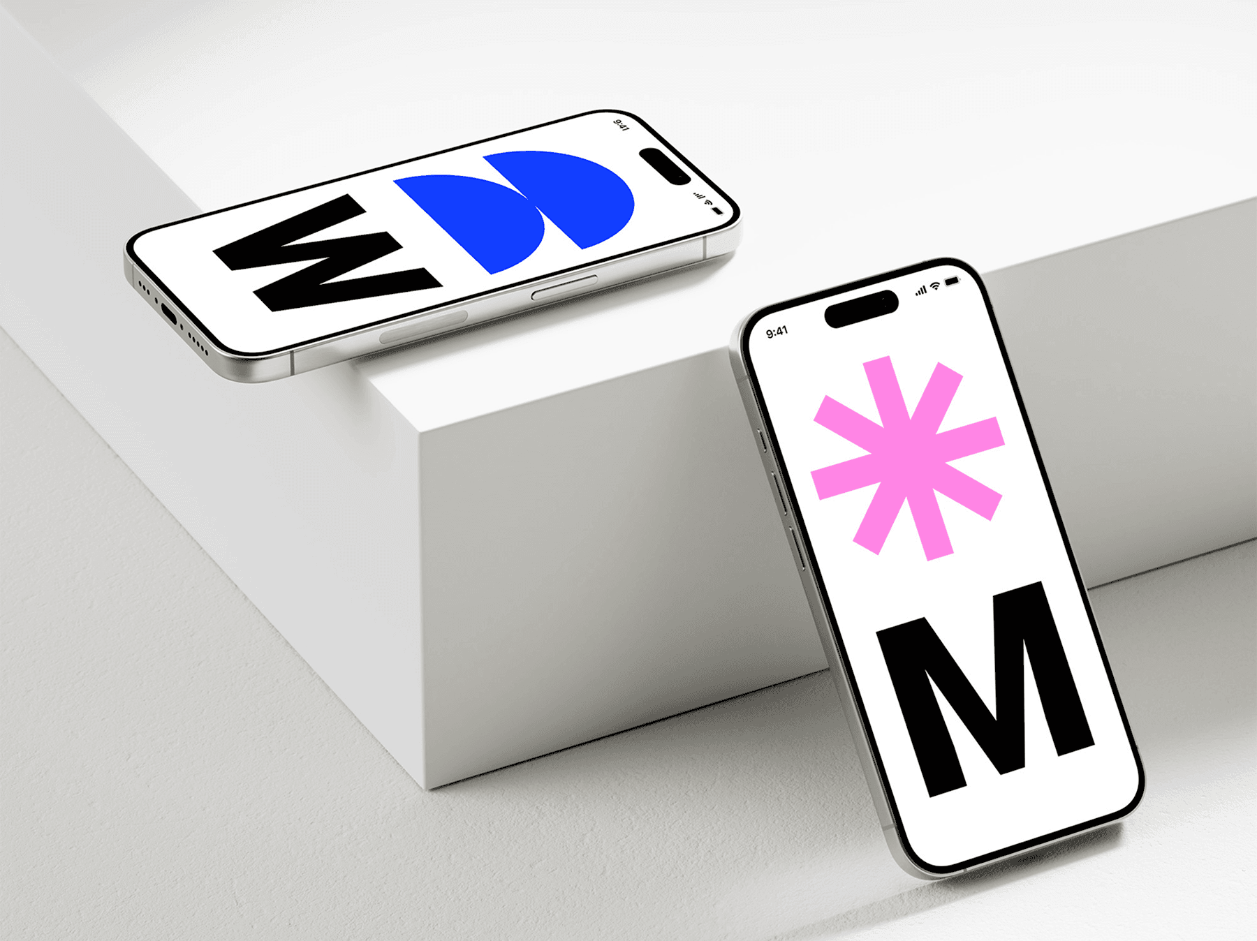 Two iPhone mockups placed on a clean white platform in a minimal setup