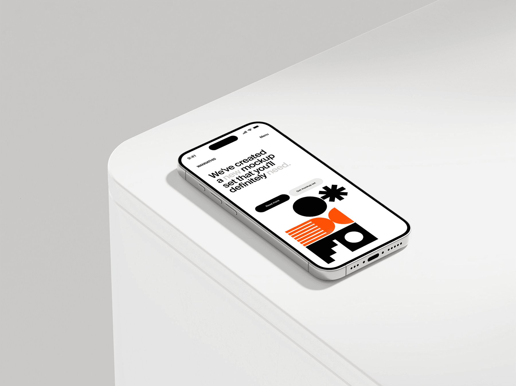 Single iPhone mockup positioned on the rounded edge of a white surface