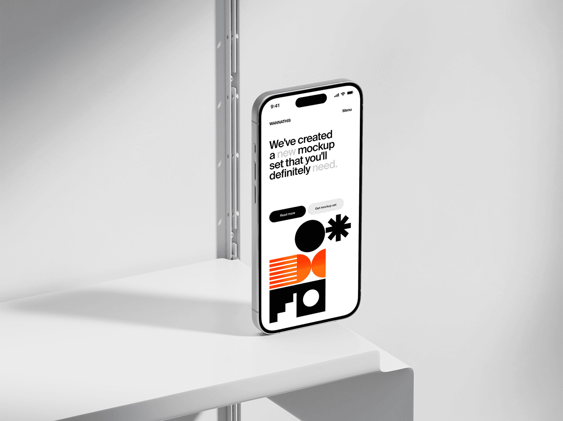 iPhone mockup standing upright on a minimal white shelf