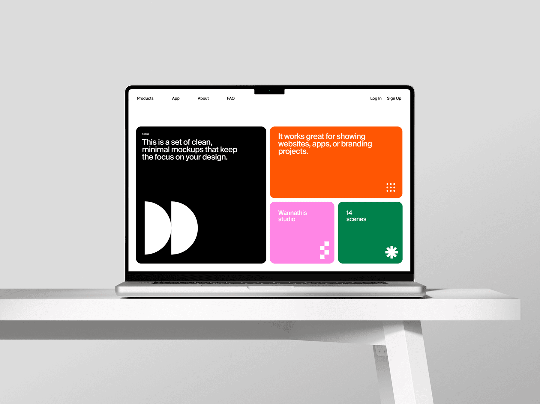 MacBook mockup placed on a white table in a modern setting