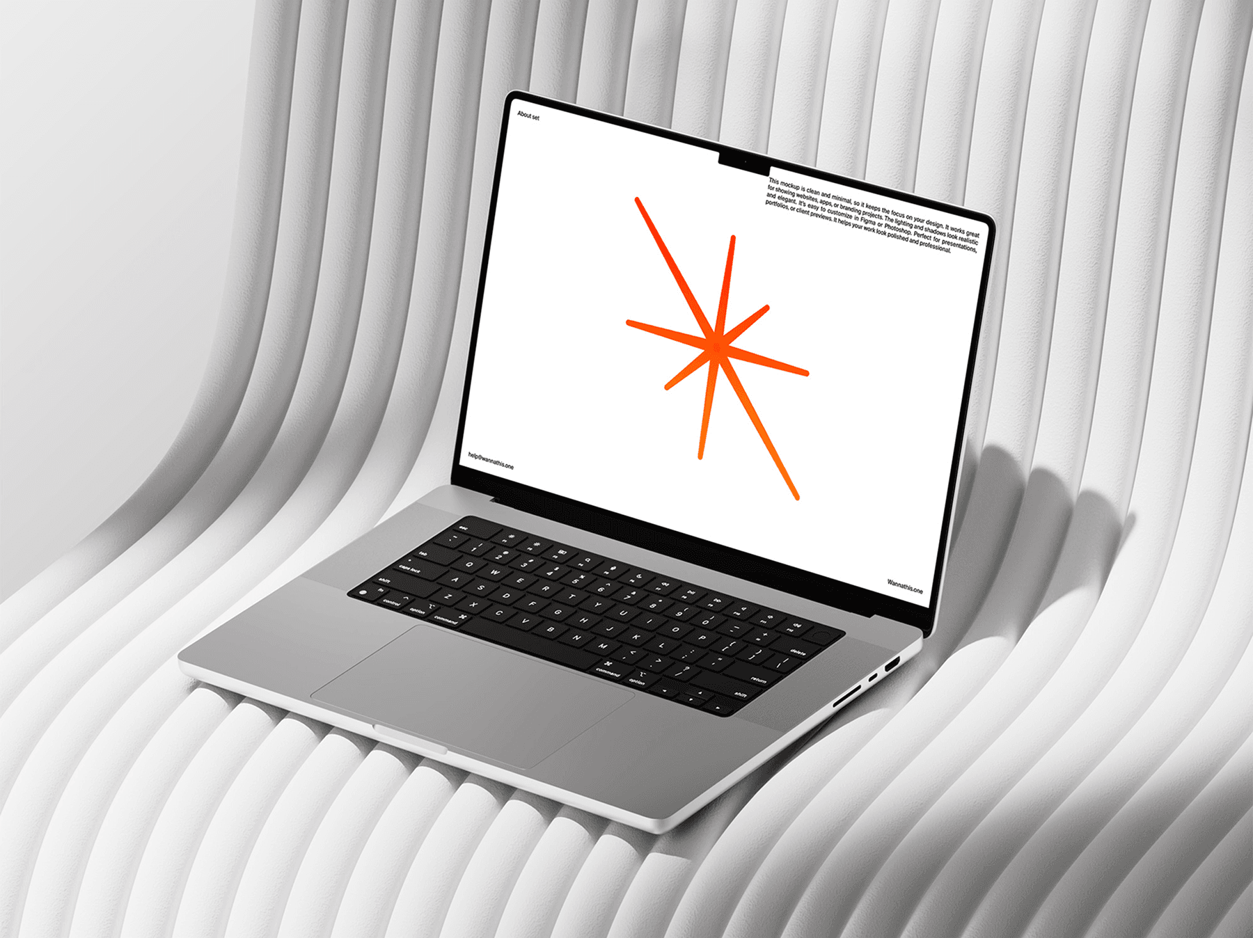 MacBook mockup resting on a sculptural white chair