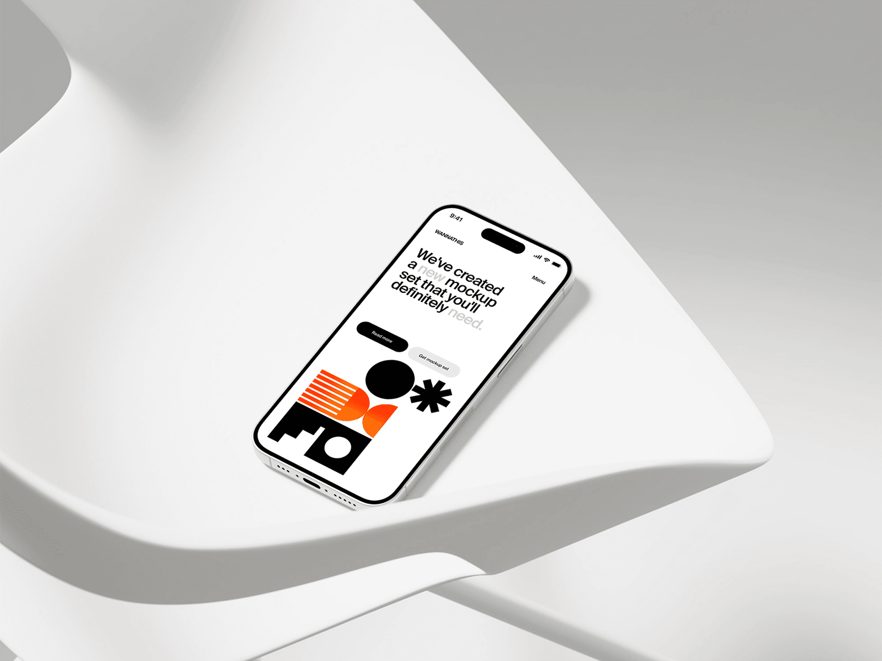 iPhone mockup resting on a curved white surface