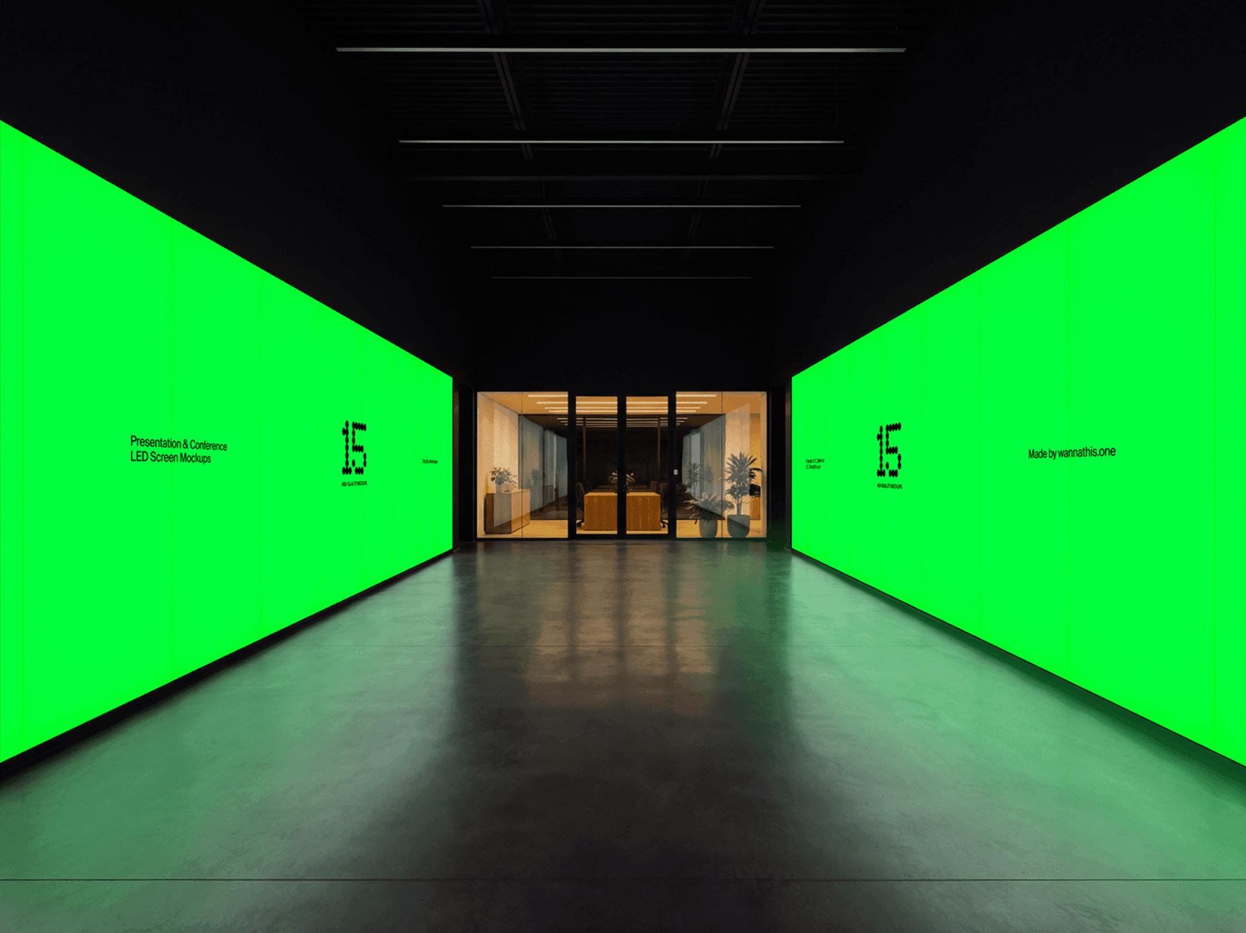 Two large LED screens placed along walls inside a modern corridor