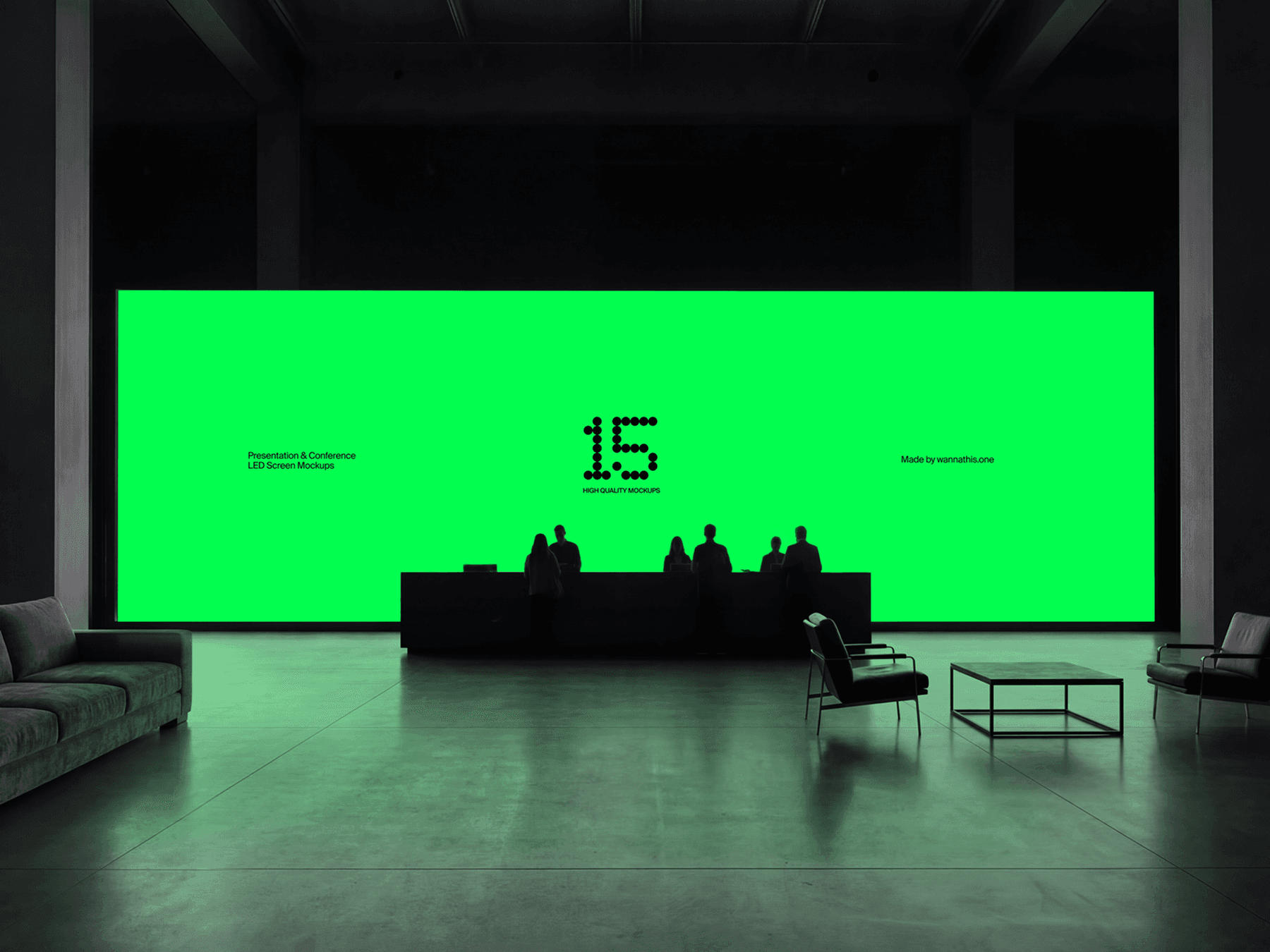 Large LED wall screen inside a spacious event hall with people silhouettes