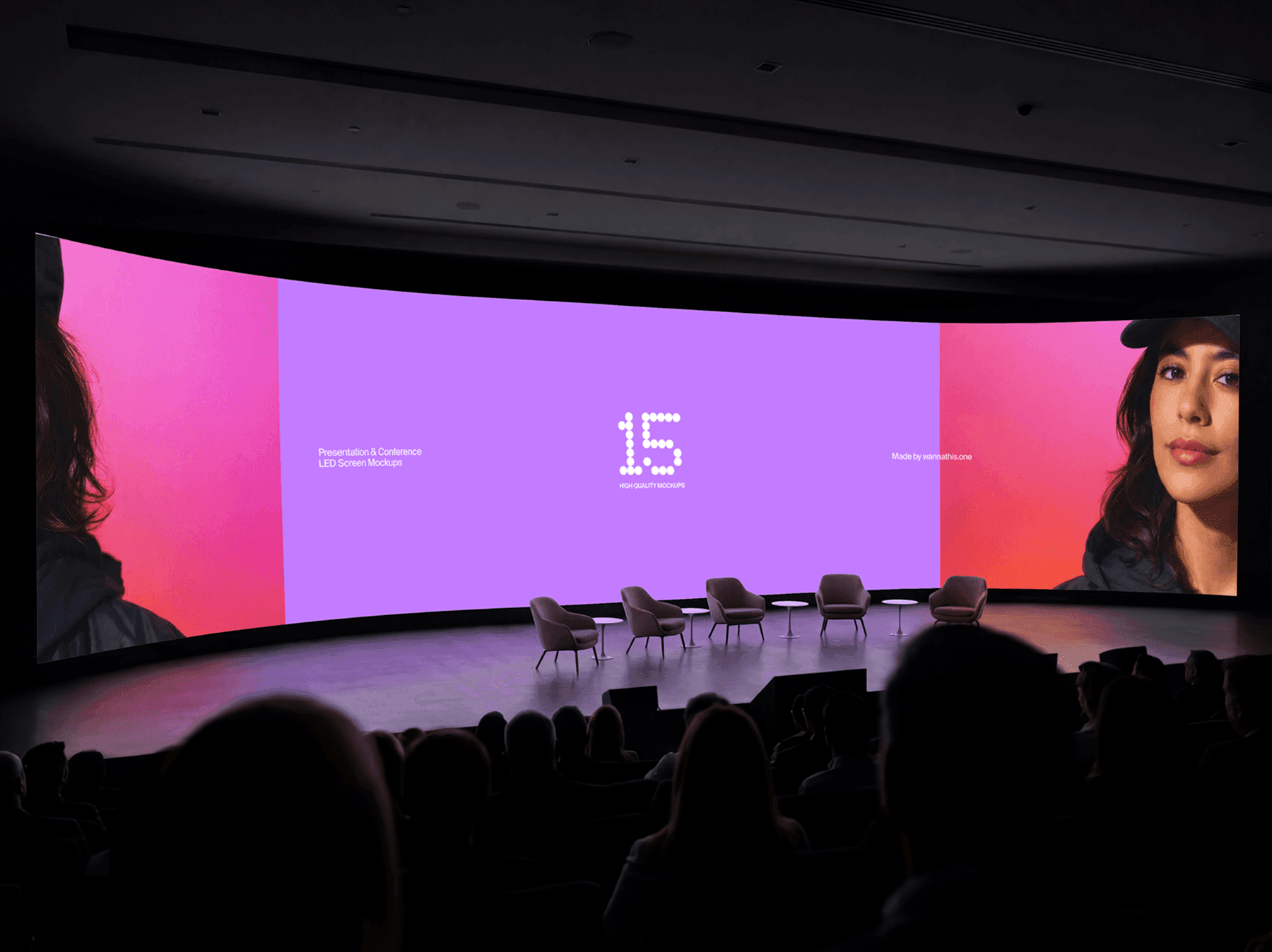 Large curved LED screen on a conference stage with seating area