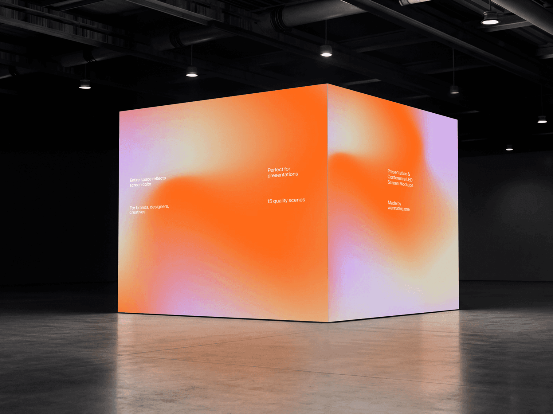 Large cube-shaped LED display placed in a spacious indoor venue