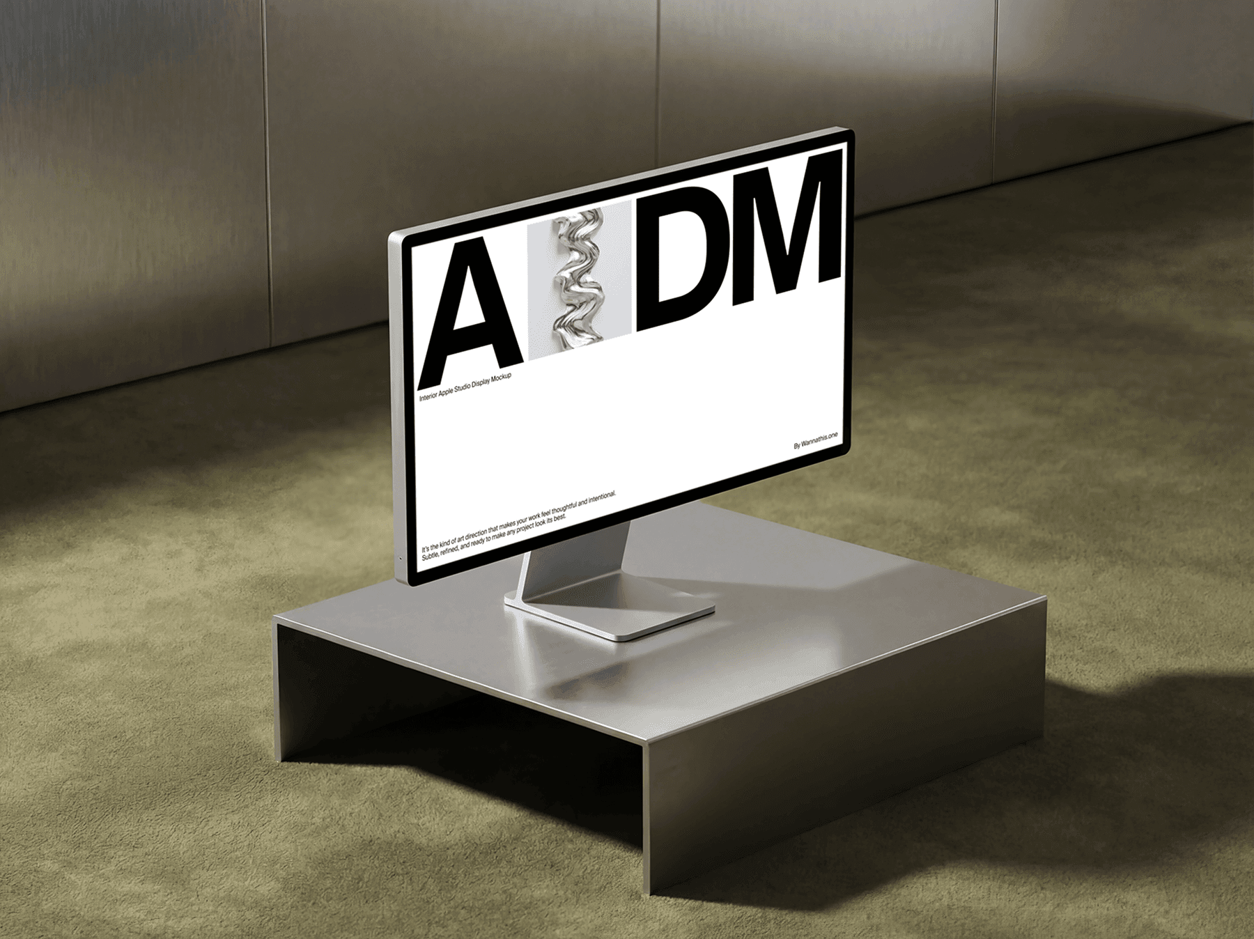 Studio display monitor placed on a low metal platform in a modern interior