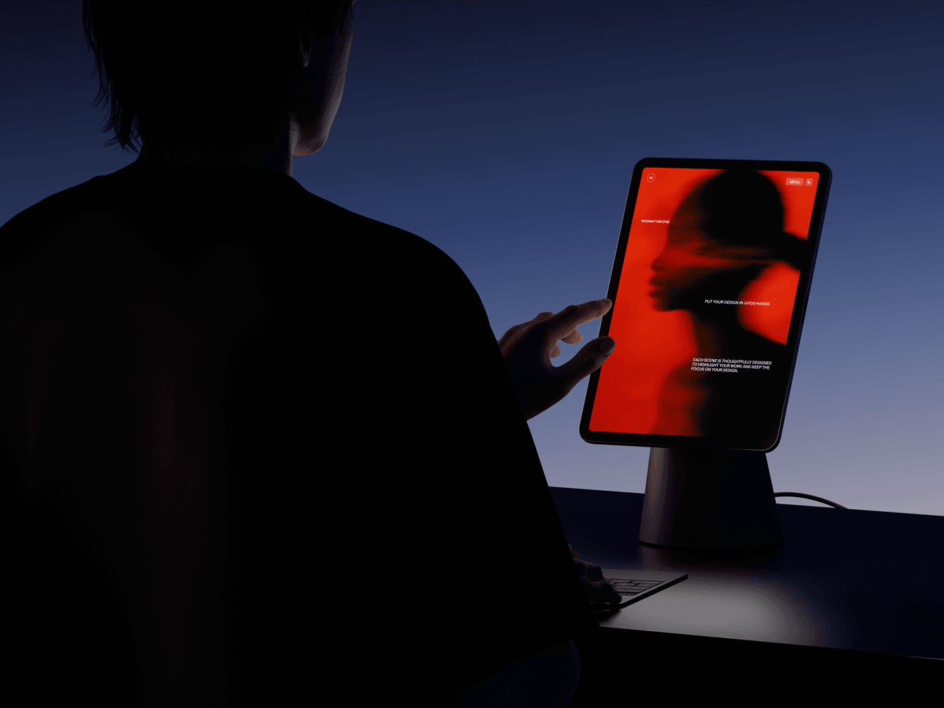 iPad mockup by Wannathis on desk with red screen and dark silhouette in dim light