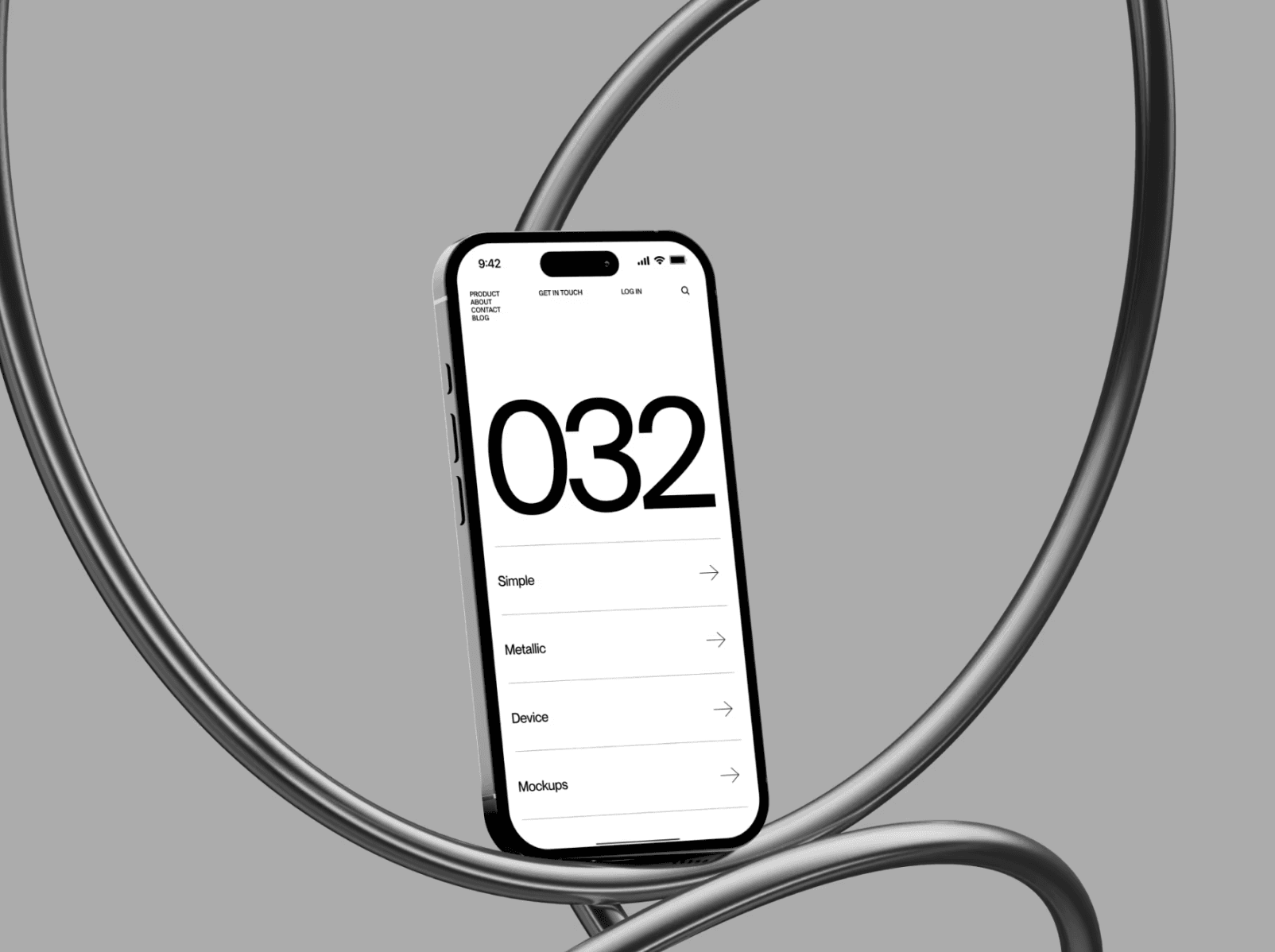 iPhone 15 Pro mockup with metallic curved stand — stylish modern interface presentation.