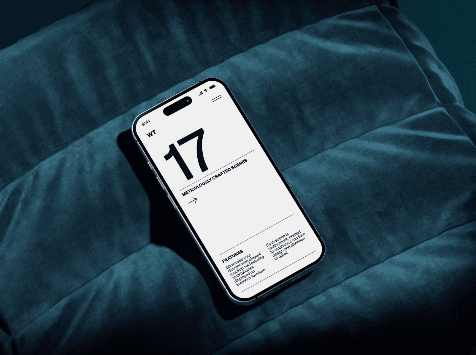 iPhone screen mockup on deep teal velvet cushion, elegant mobile UI presentation scene
