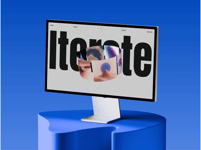 Iterate Framer portfolio template on a monitor set on a blue pedestal, a huge Iterate headline with a curved image carousel, a bold template for creative studios