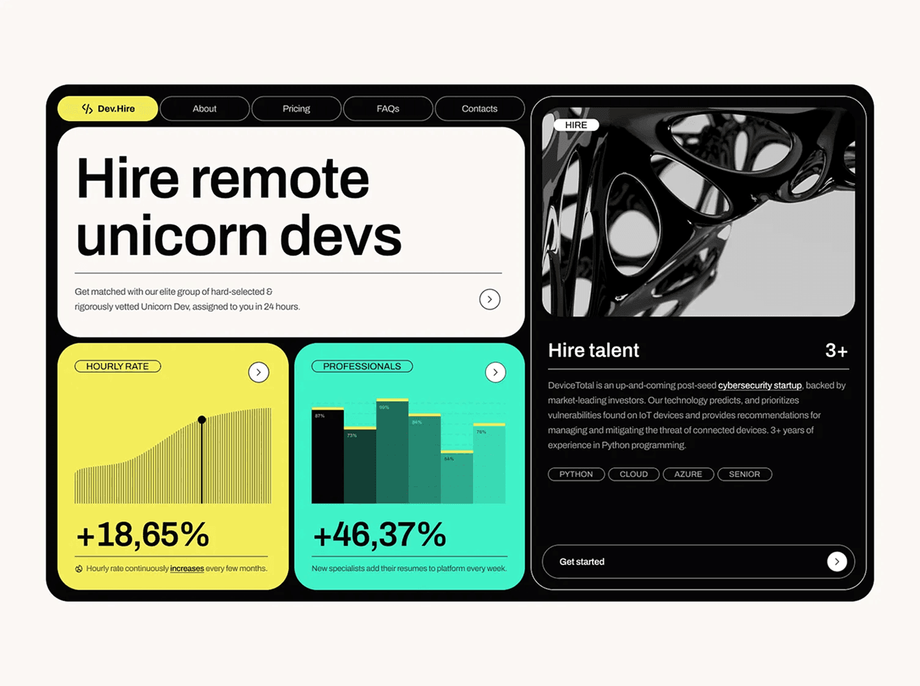Dev.Hire landing page as a dark bento grid with a bold headline card, yellow and mint stat charts and a talent panel, bento layout for startup websites