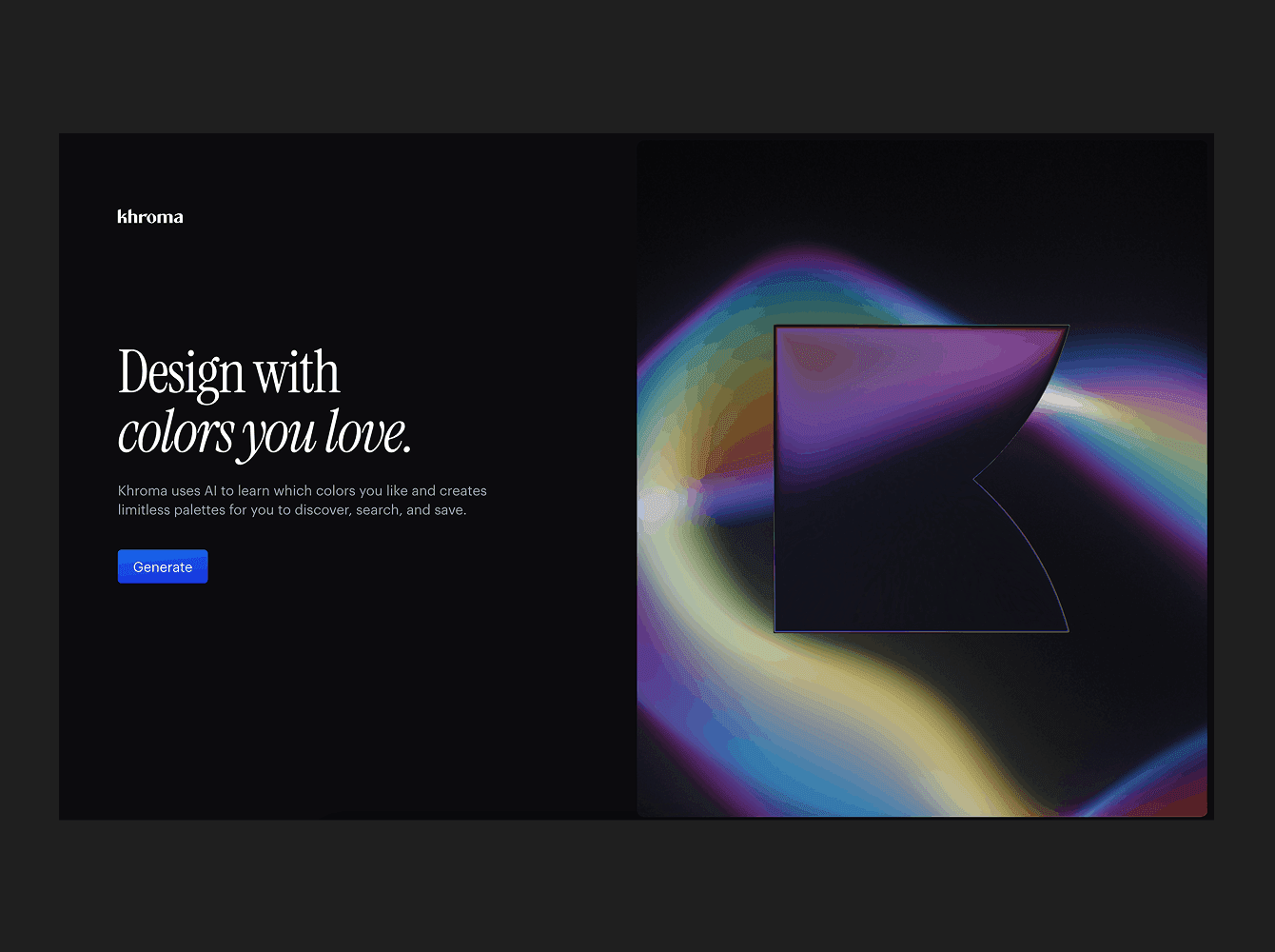 Khroma AI color palette generator with abstract gradient visual and dark background