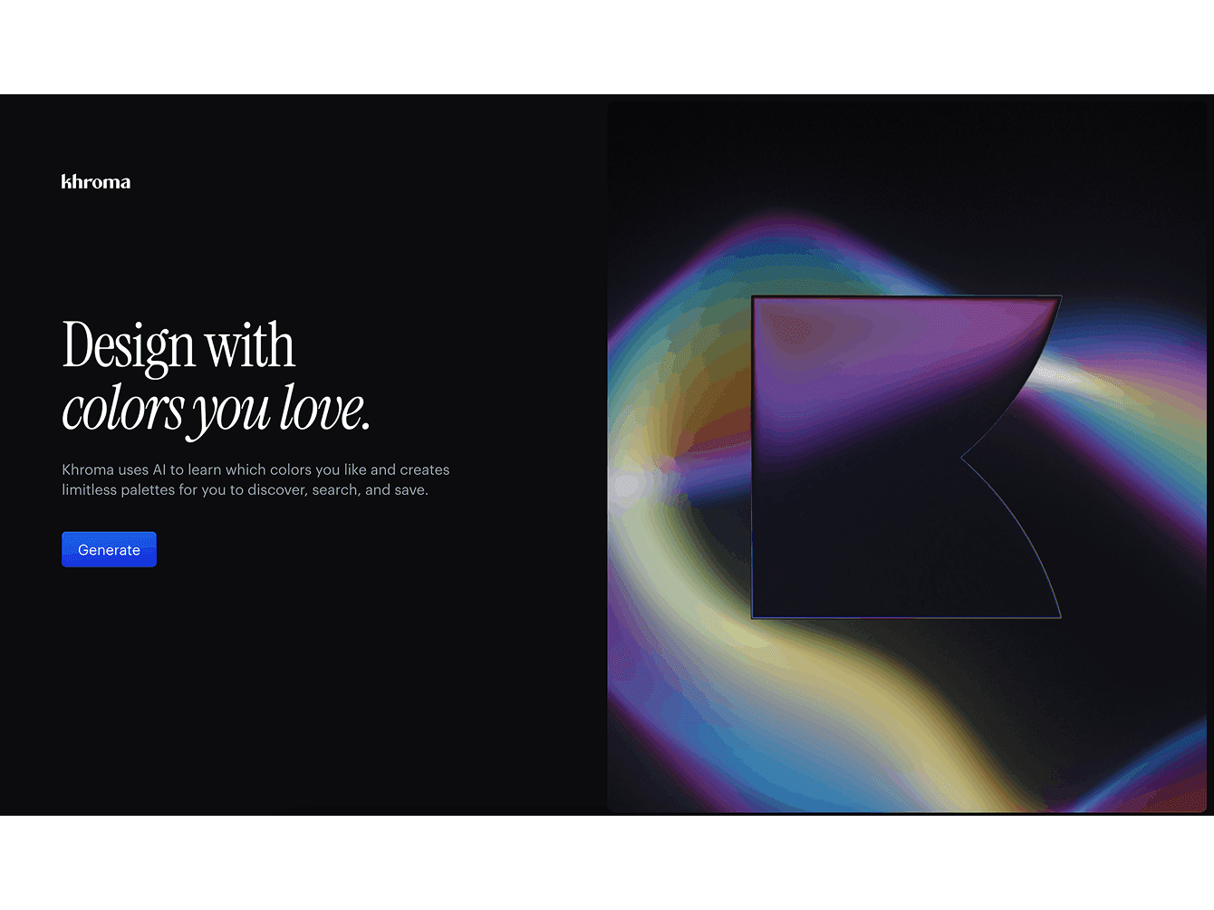 Khroma AI color palette generator with abstract gradient visual and dark background