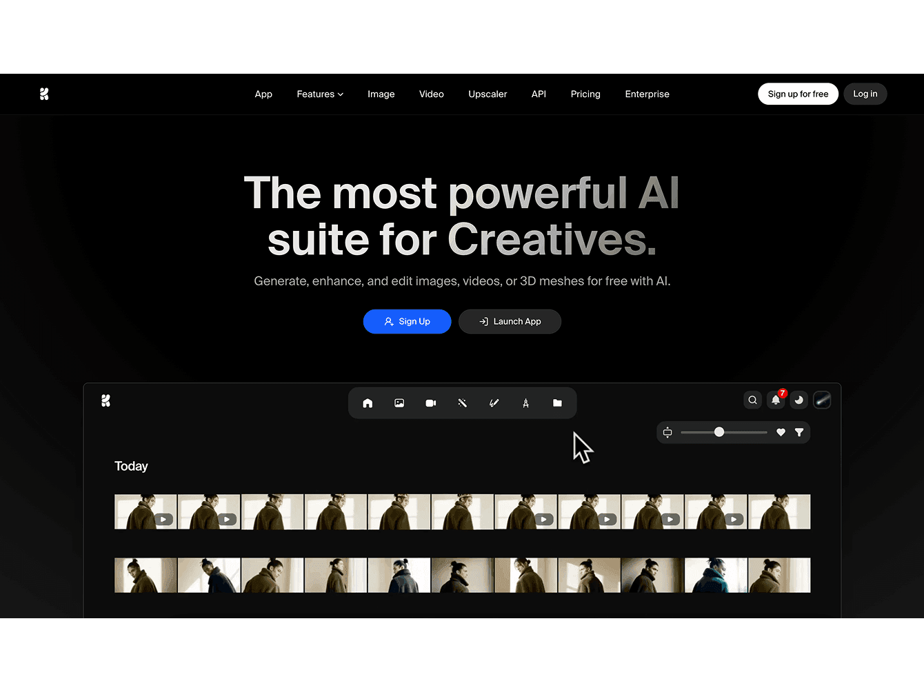 Krea AI creative suite for image and video generation with dark interface dashboard