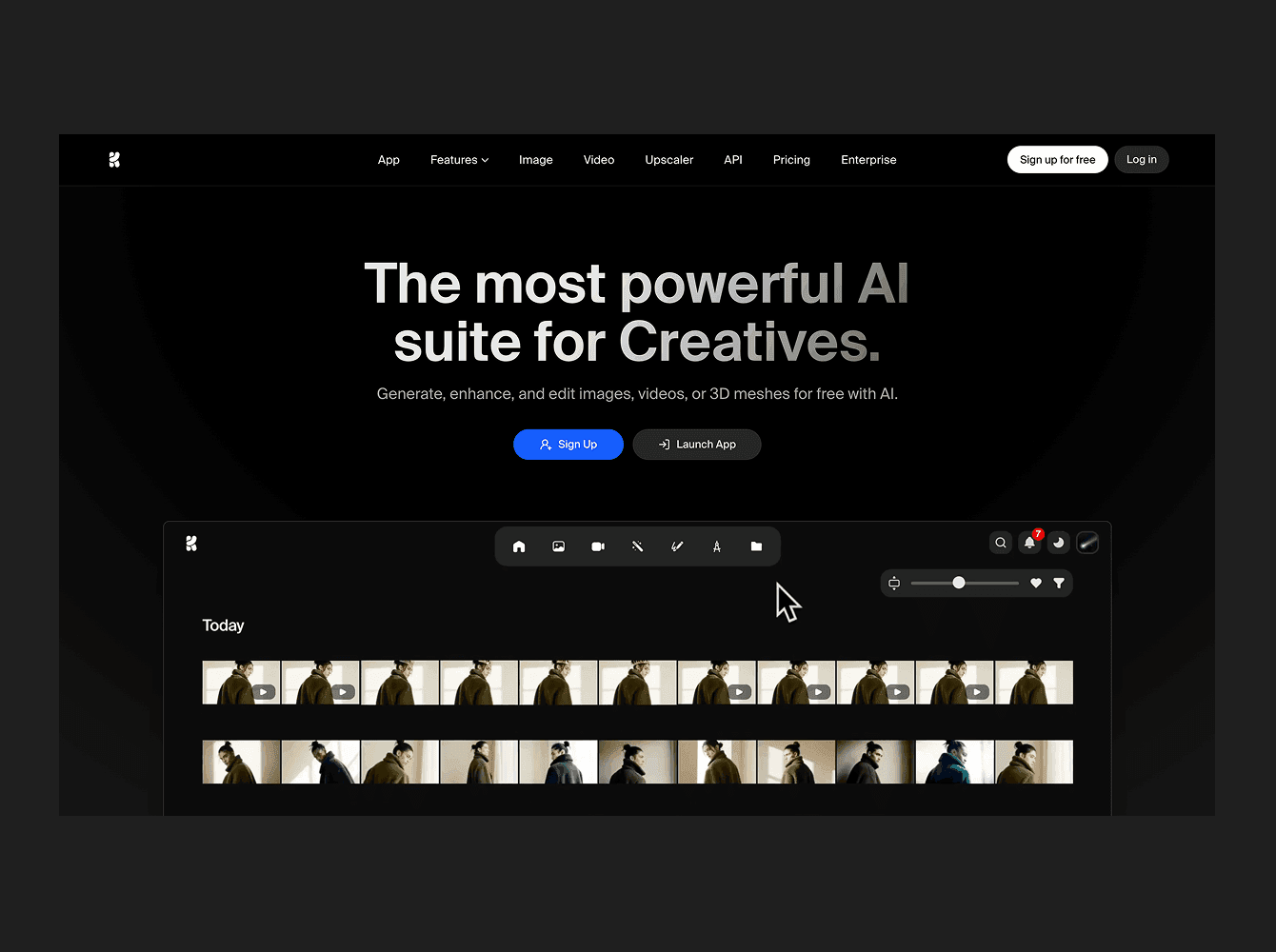 Krea AI creative suite for image and video generation with dark interface dashboard