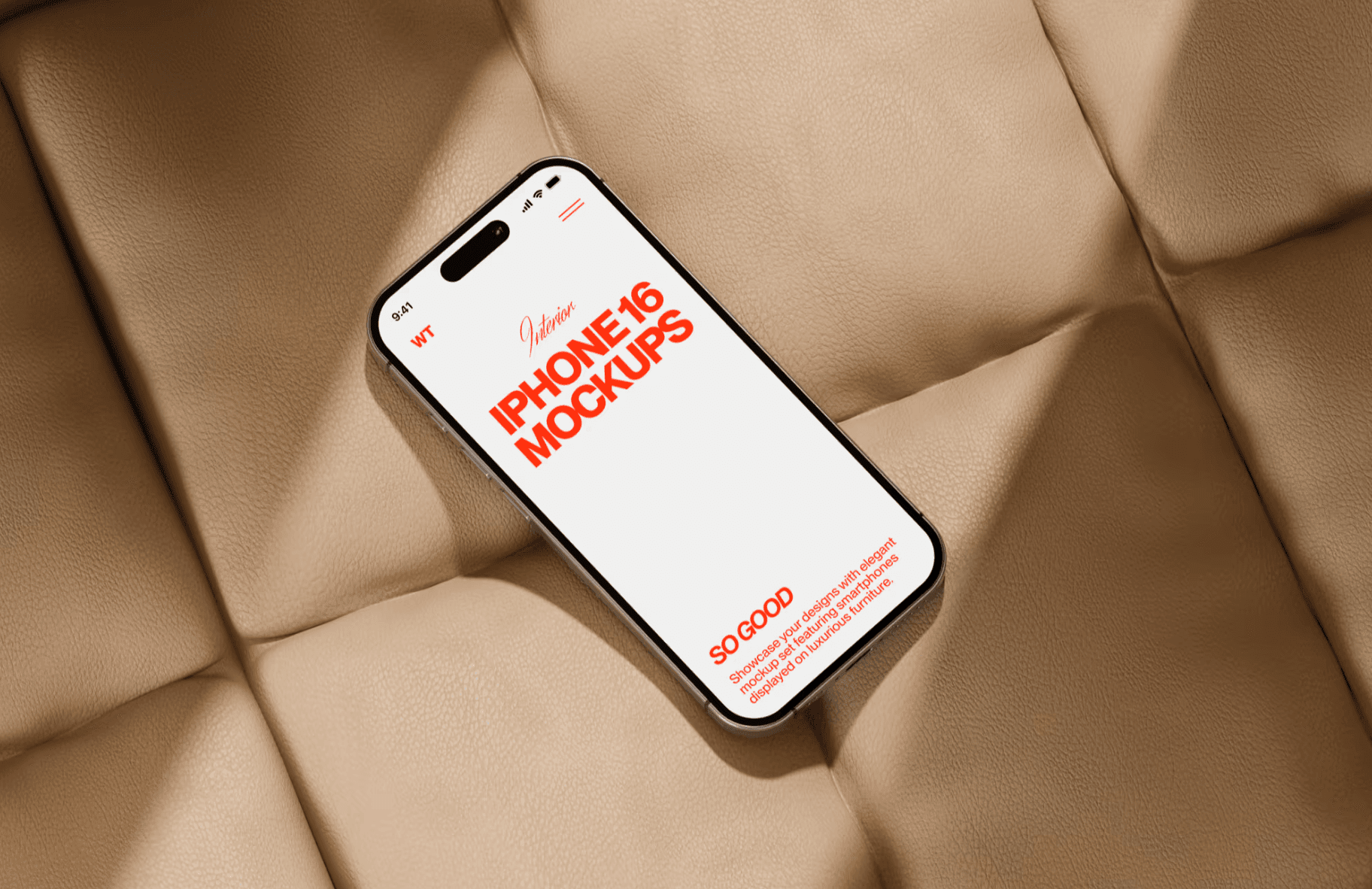 iPhone 16 mockup on beige leather sofa with natural daylight reflections