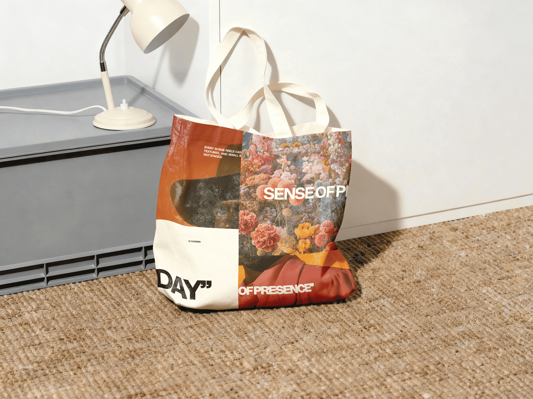 Tote bag mockup standing on the floor in a home interior setting