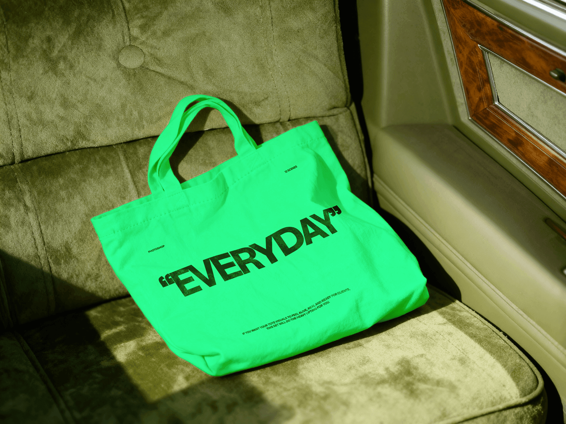 Tote bag mockup placed on a car seat in a lifestyle setup