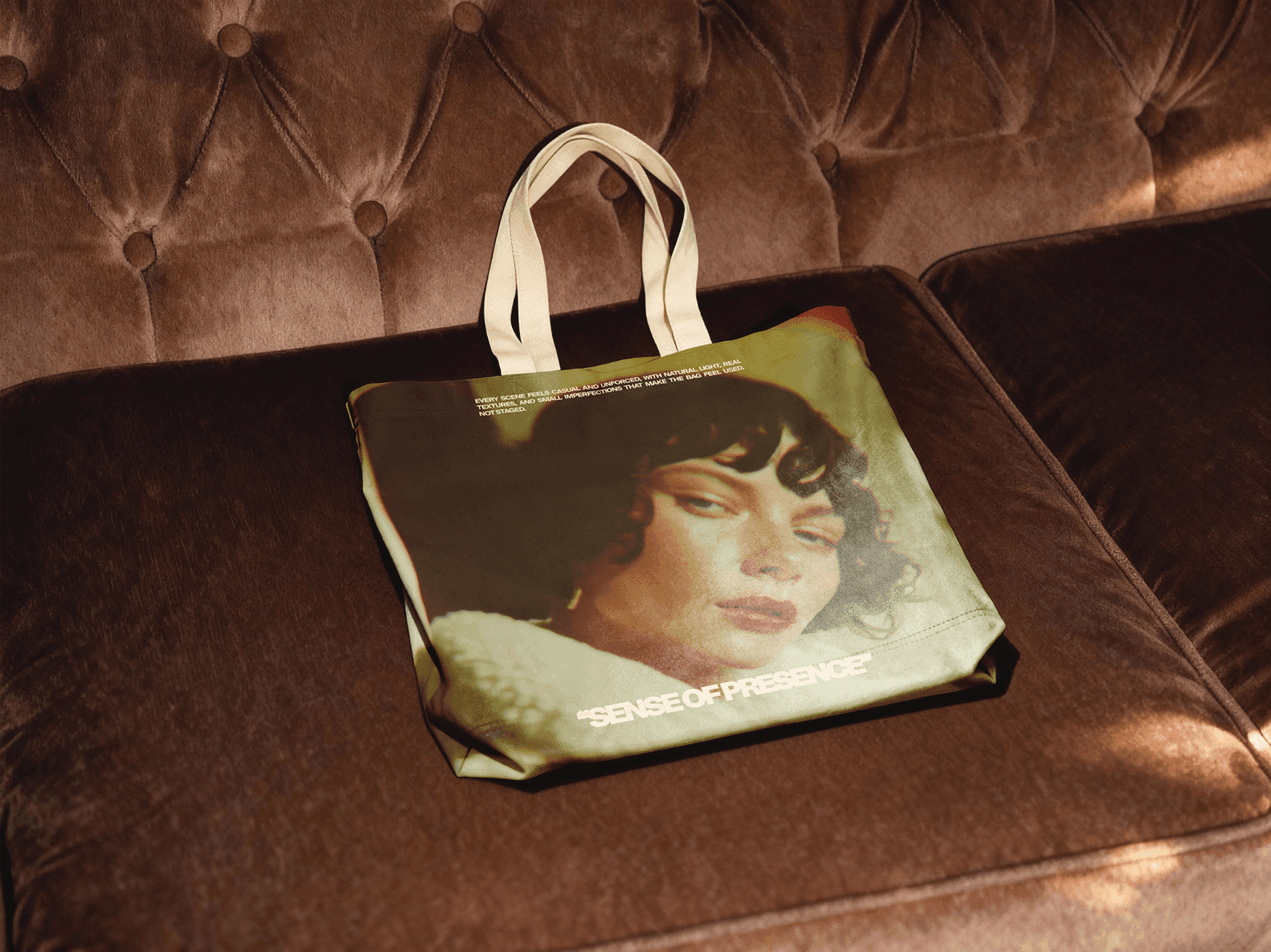 Tote bag mockup placed on a sofa seat in a cozy interior setting