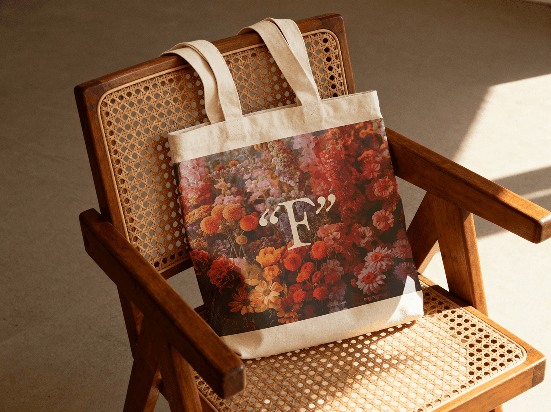 Tote bag mockup placed on a wooden chair in a minimal interior