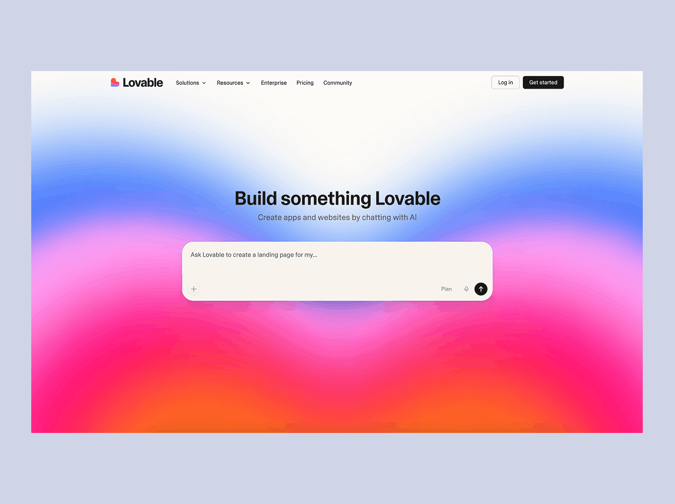 Lovable AI website builder homepage with colorful gradient hero and AI landing page generator