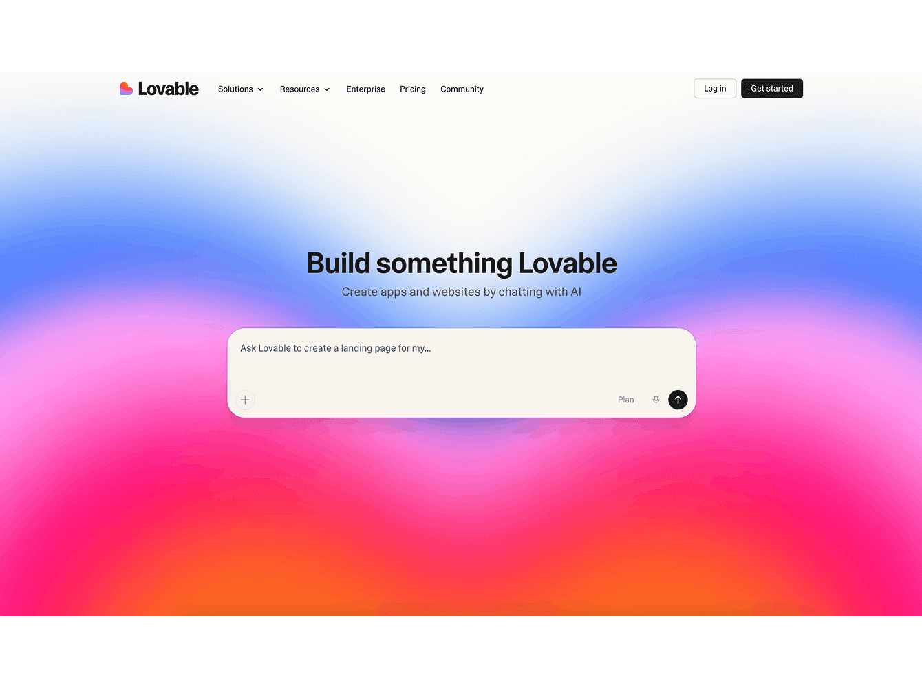 Lovable AI website builder homepage with colorful gradient hero and AI landing page generator