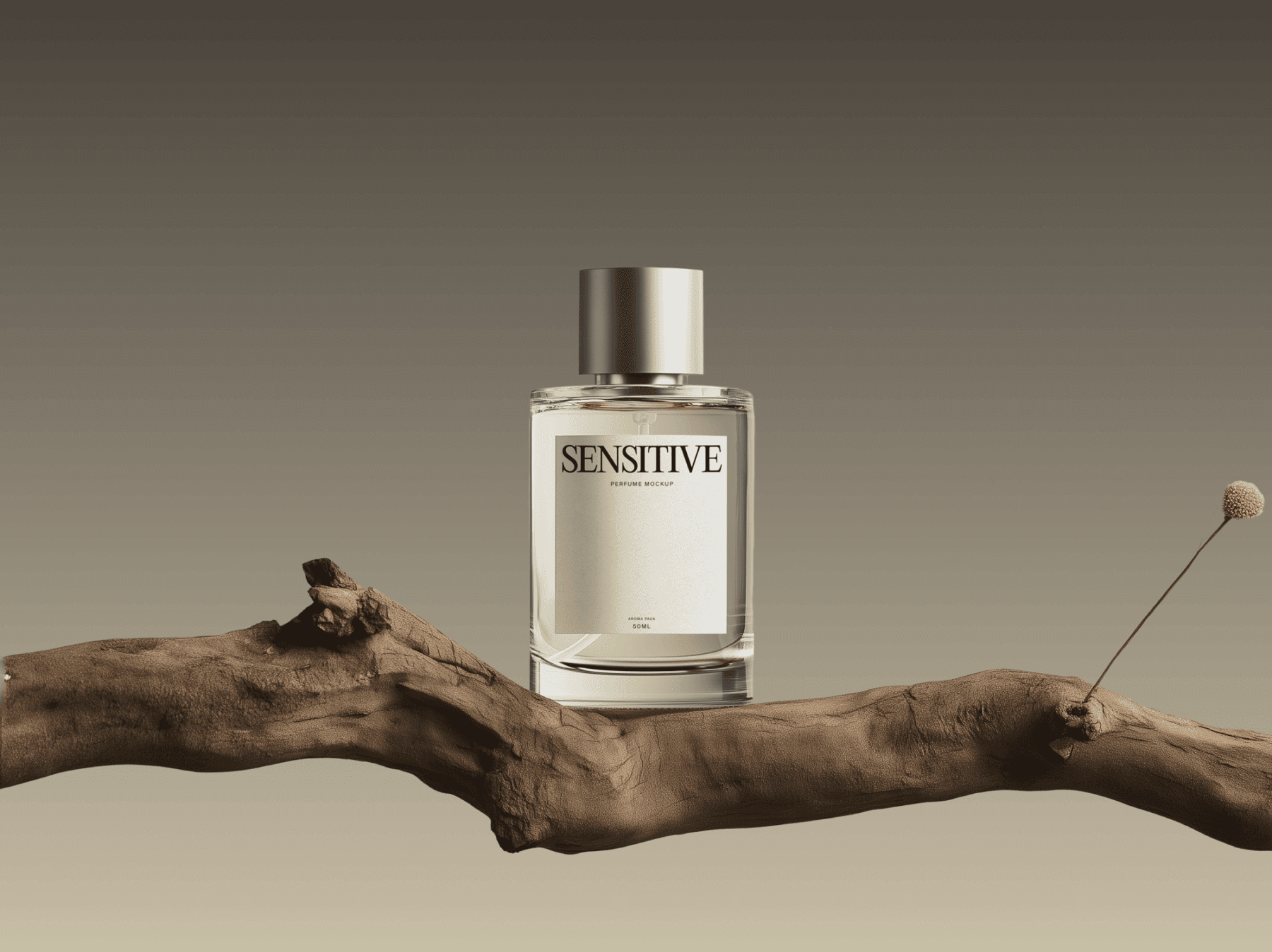 Luxury perfume bottle mockup placed on a natural wooden branch