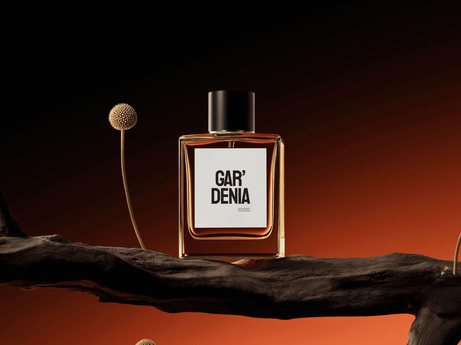 Perfume bottle mockup positioned beside a delicate minimal flower