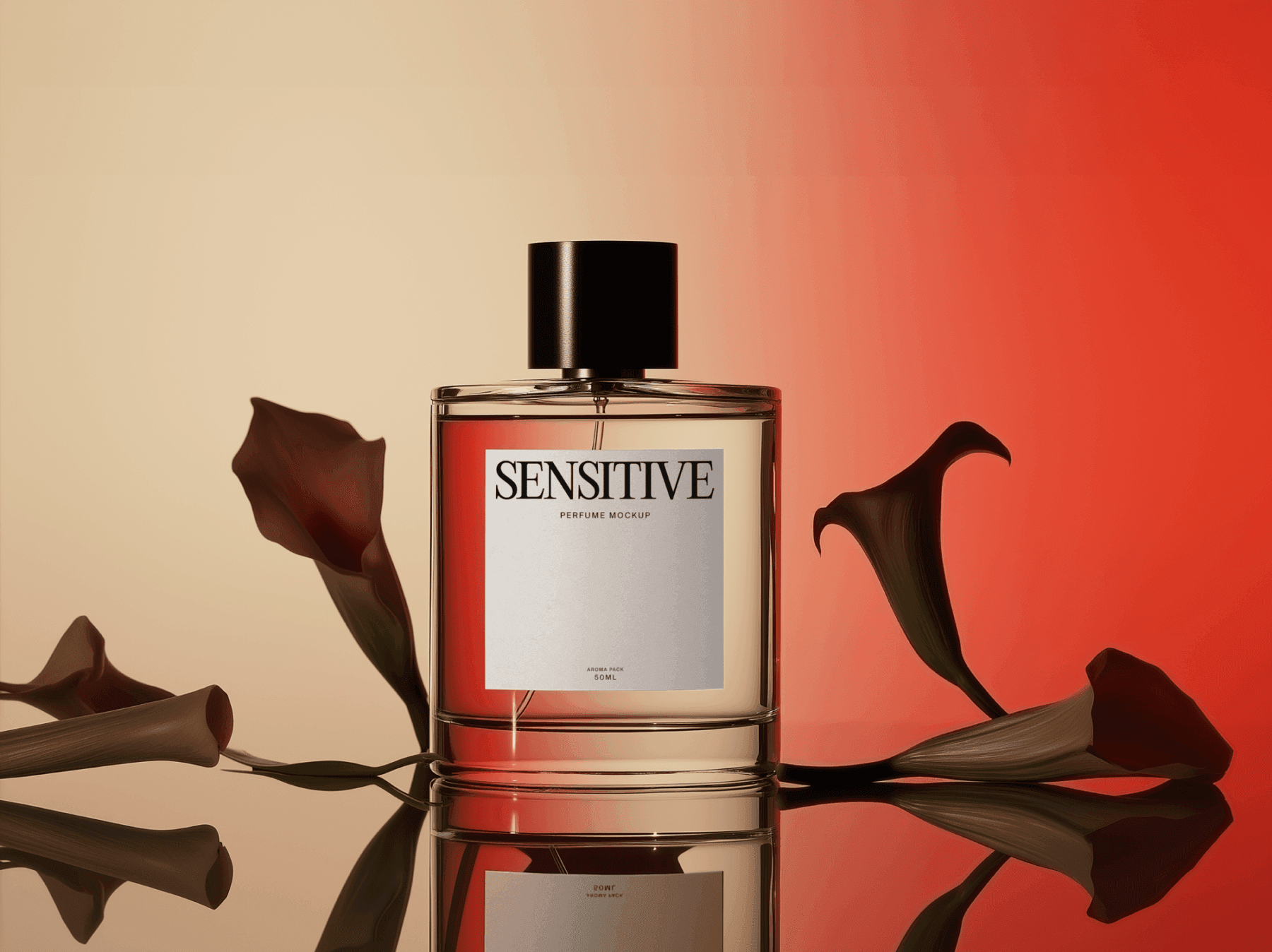 Luxury perfume bottle mockup surrounded by elegant flowers