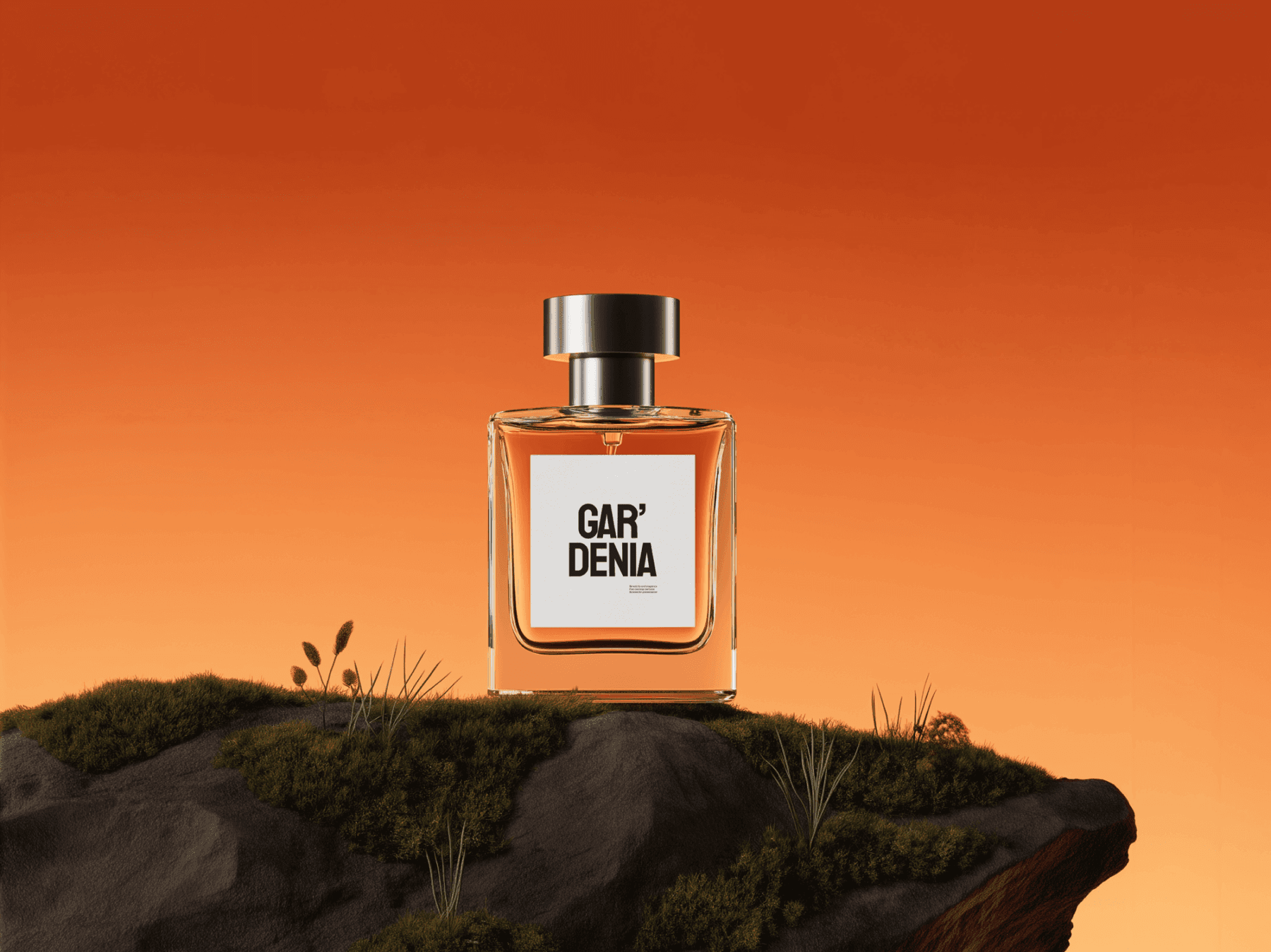 Perfume bottle mockup displayed on a moss-covered stone surface