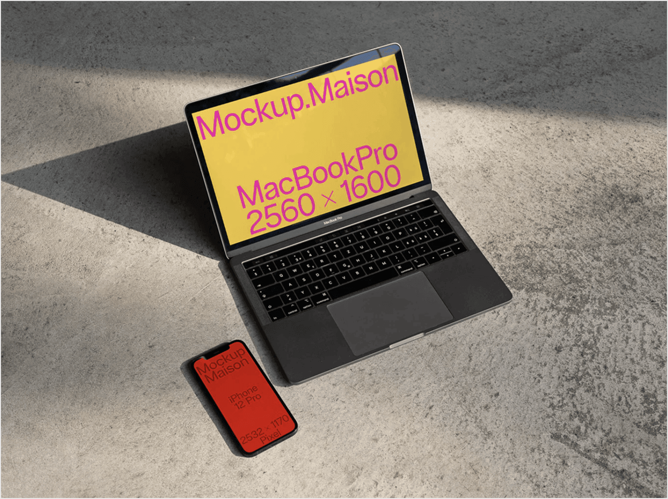 MacBook Pro and iPhone mockup placed on a concrete surface with shadows