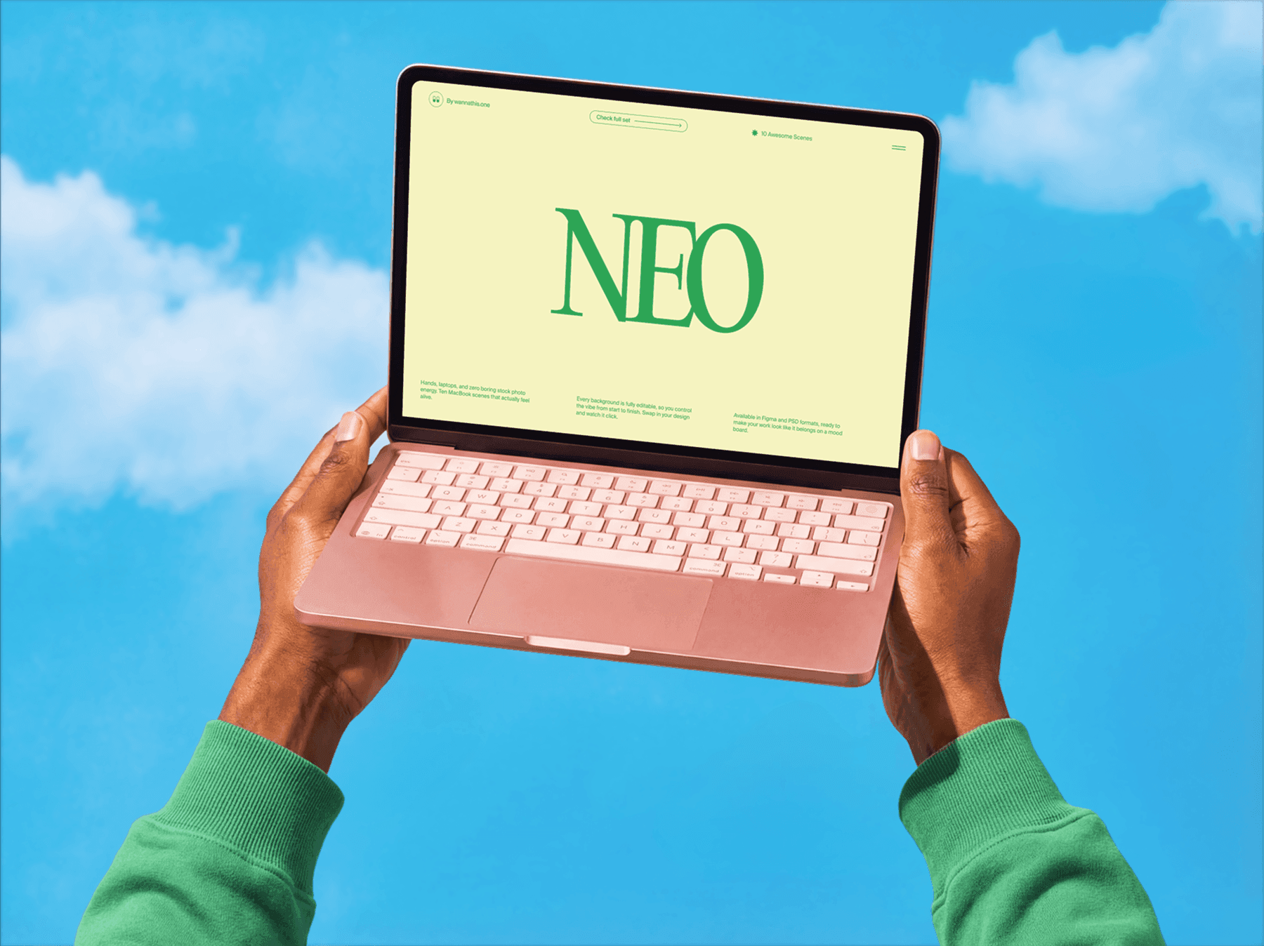 Hands holding a MacBook laptop up in the air against an open background